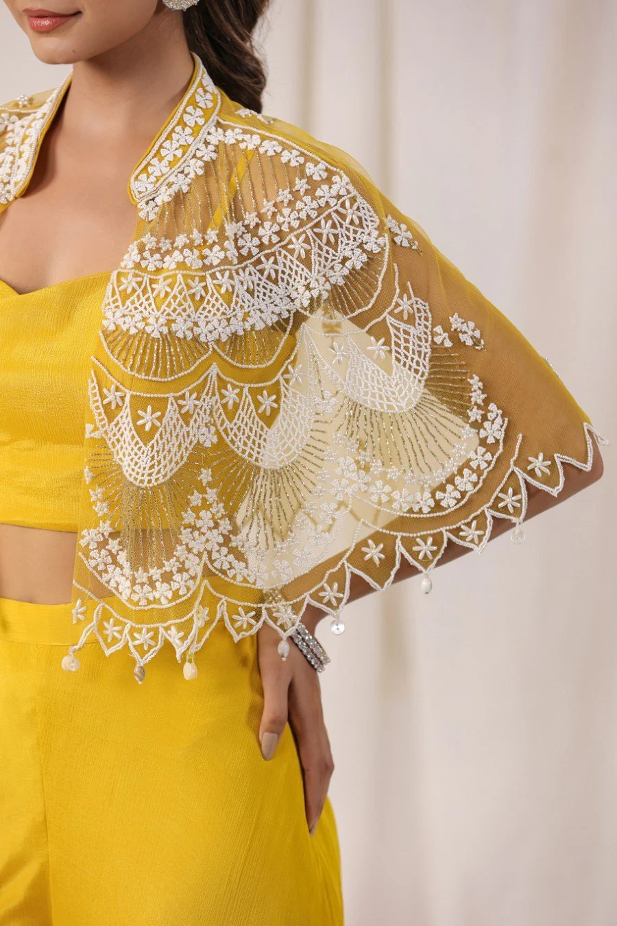 Yellow Embellished Cape with Crop Top & Palazzo - Image 6