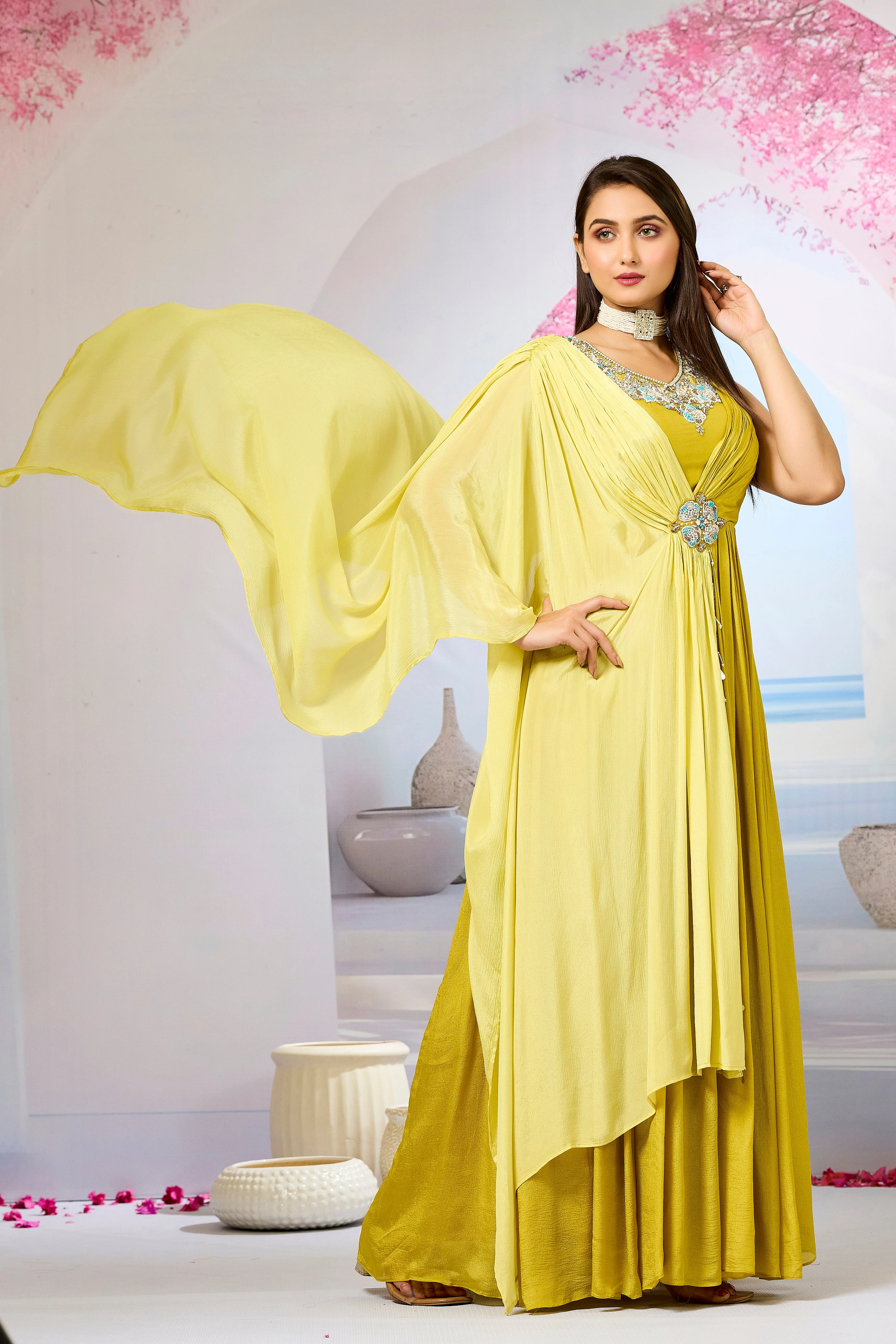 Yellow Embellished Chinon Silk Gown - Image 3