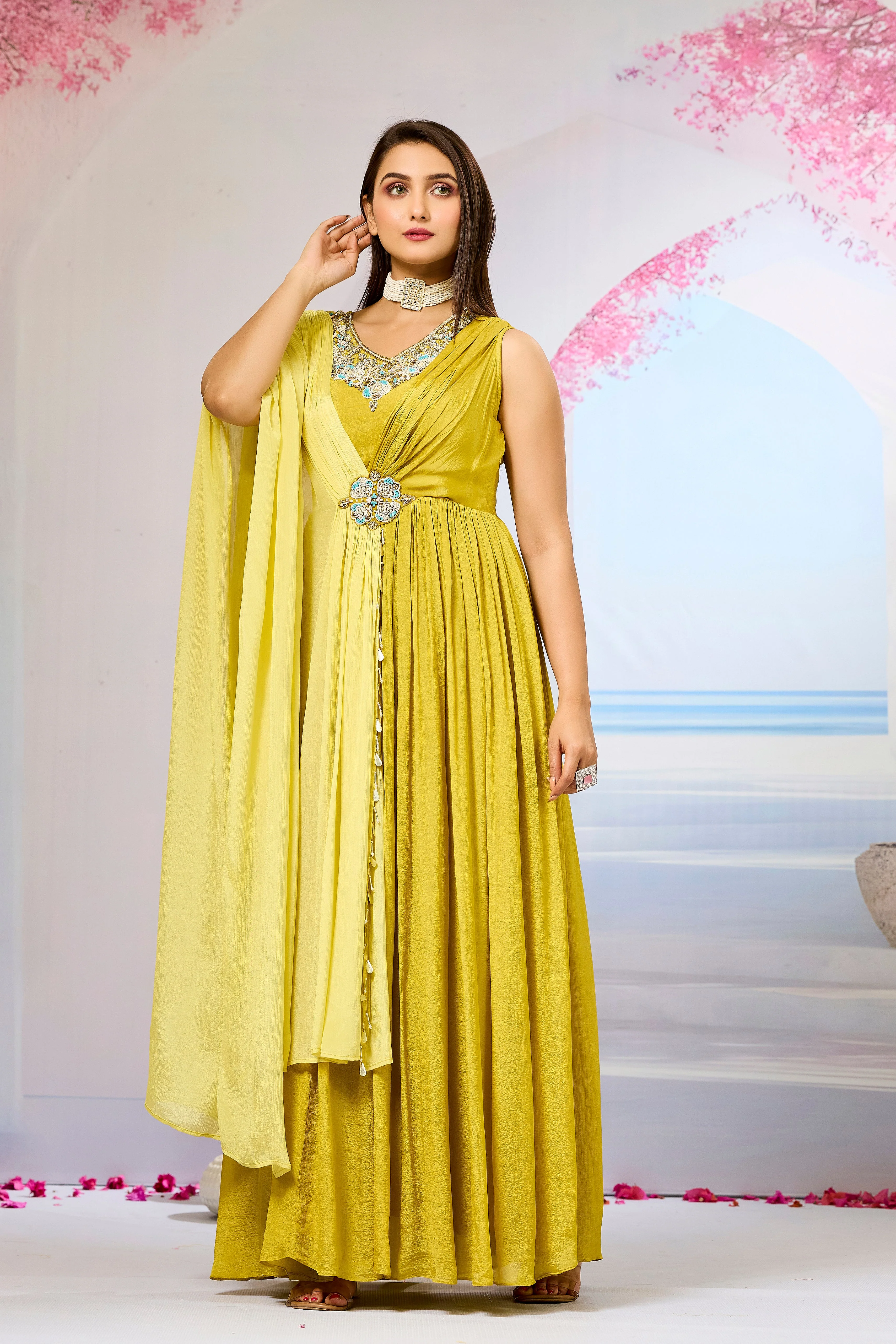 Yellow Embellished Chinon Silk Gown - Image 4