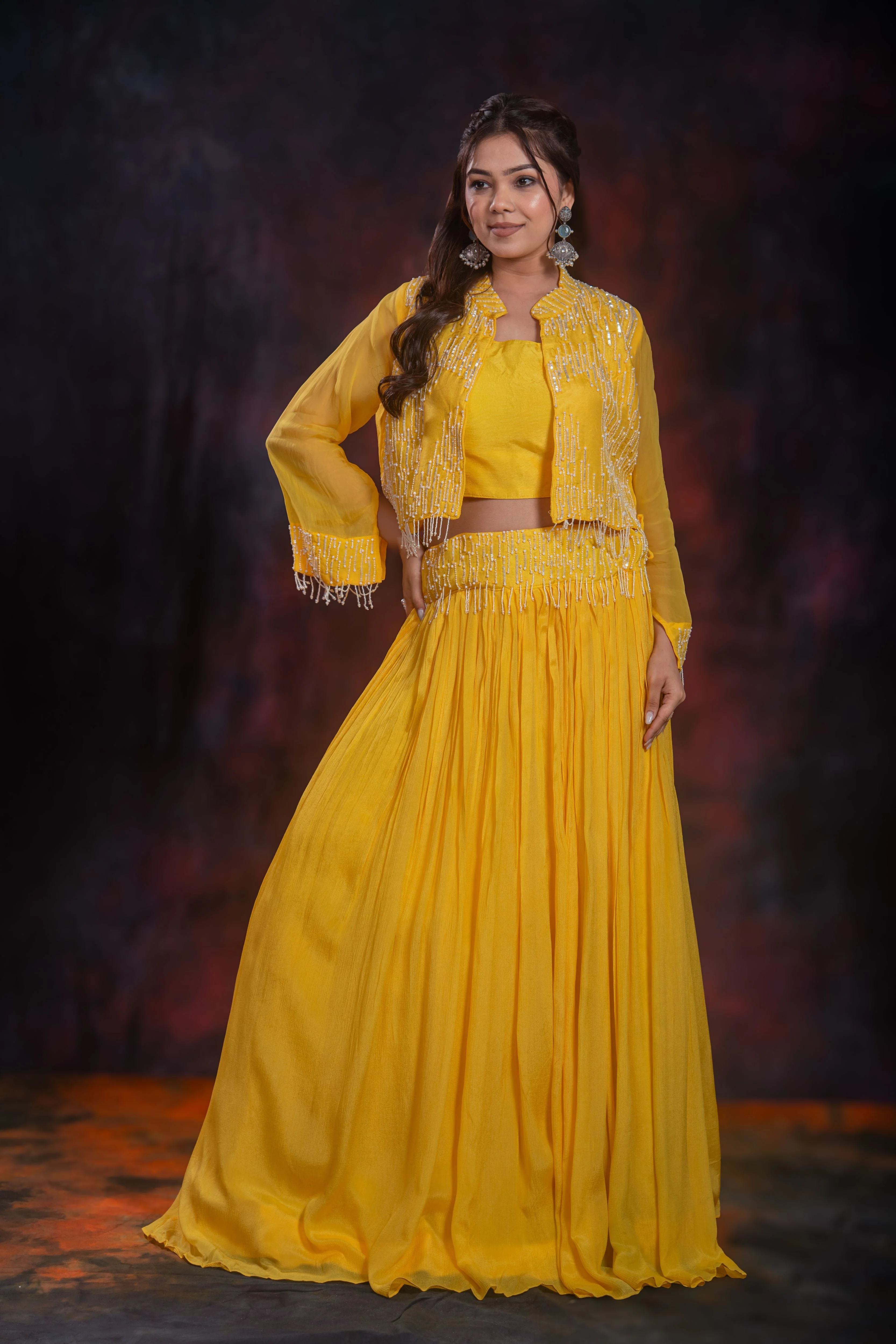Yellow Embellished Chinon Silk Jacket Skirt Set