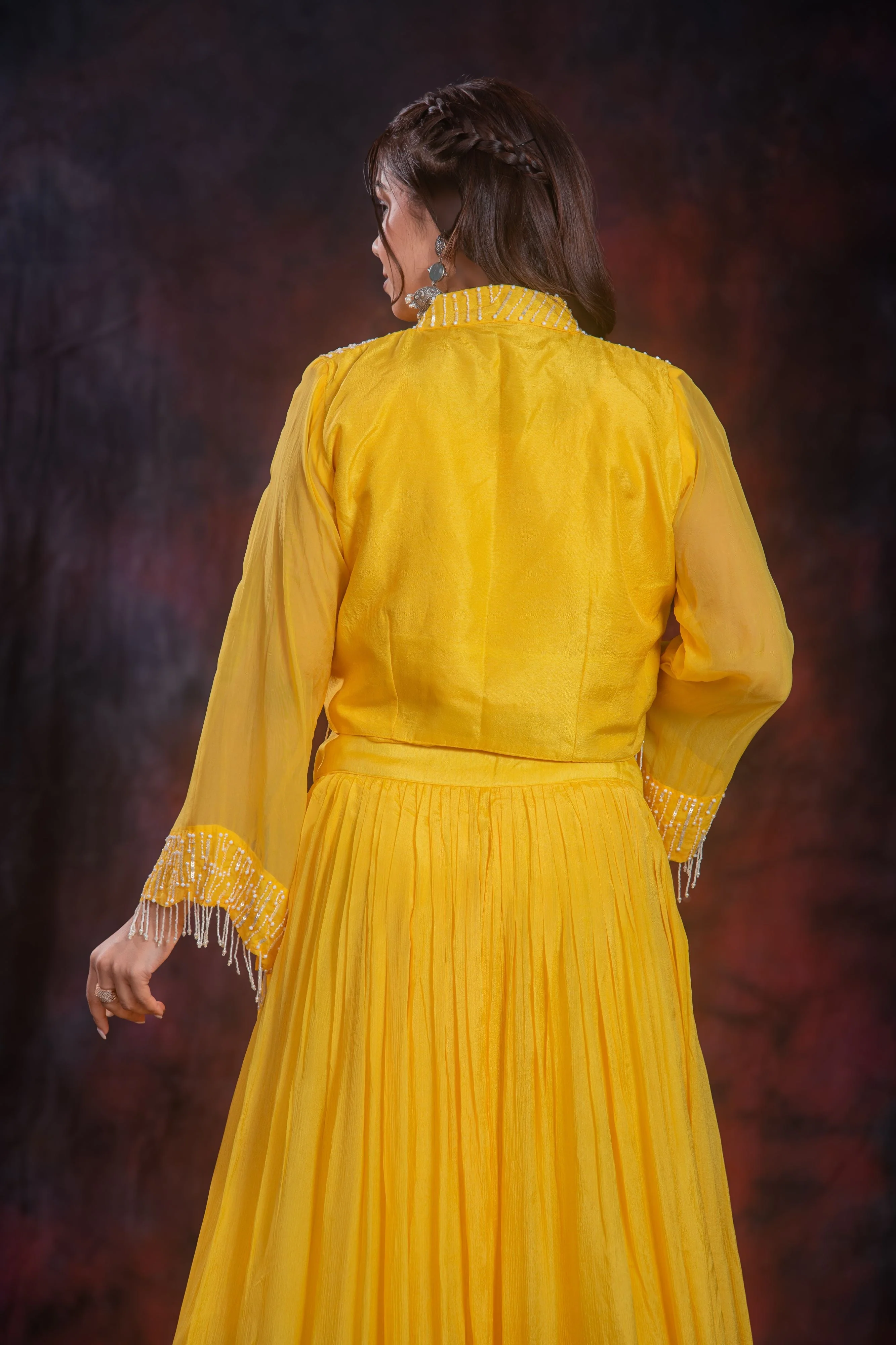 Yellow Embellished Chinon Silk Jacket Skirt Set - Image 10