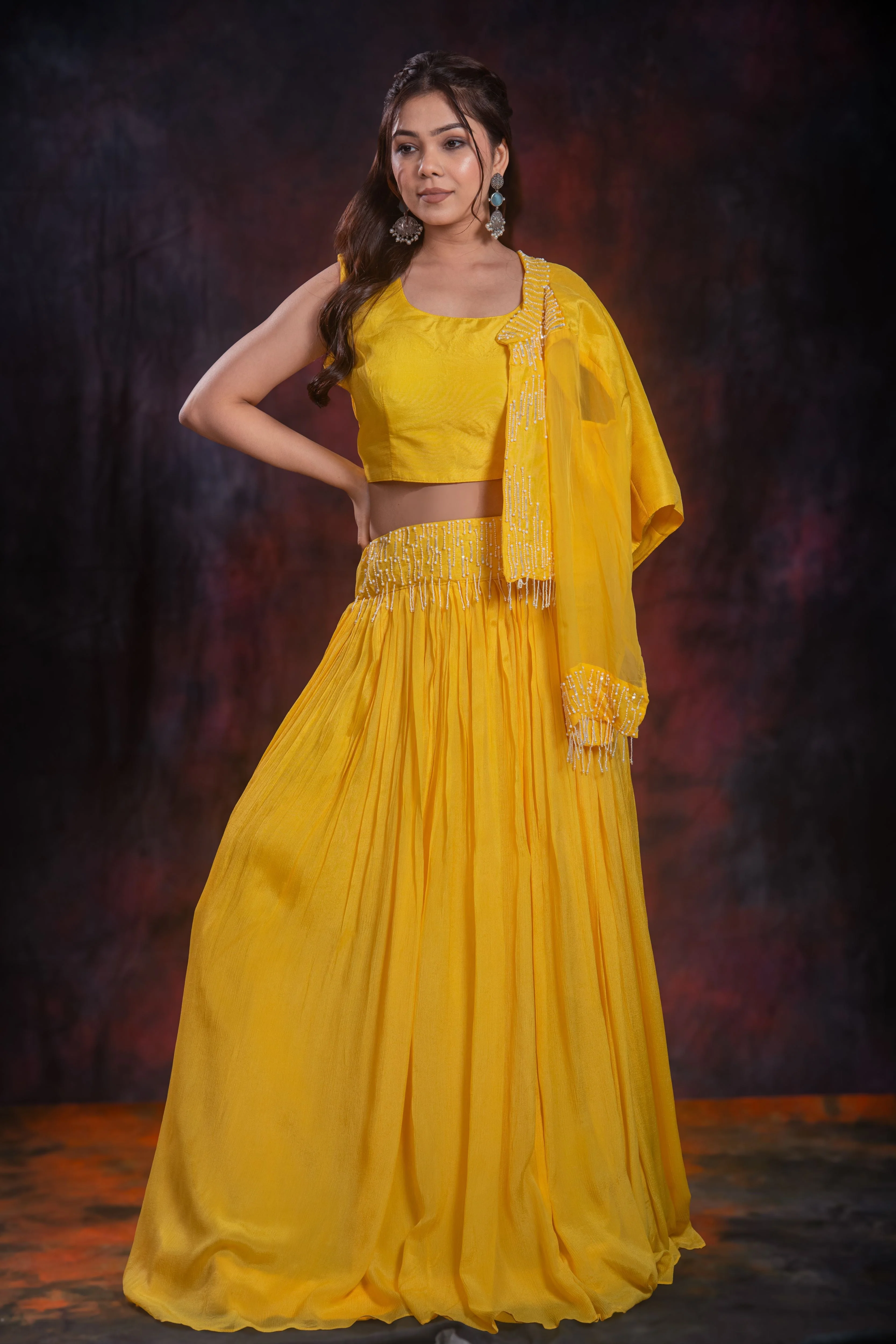 Yellow Embellished Chinon Silk Jacket Skirt Set - Image 2