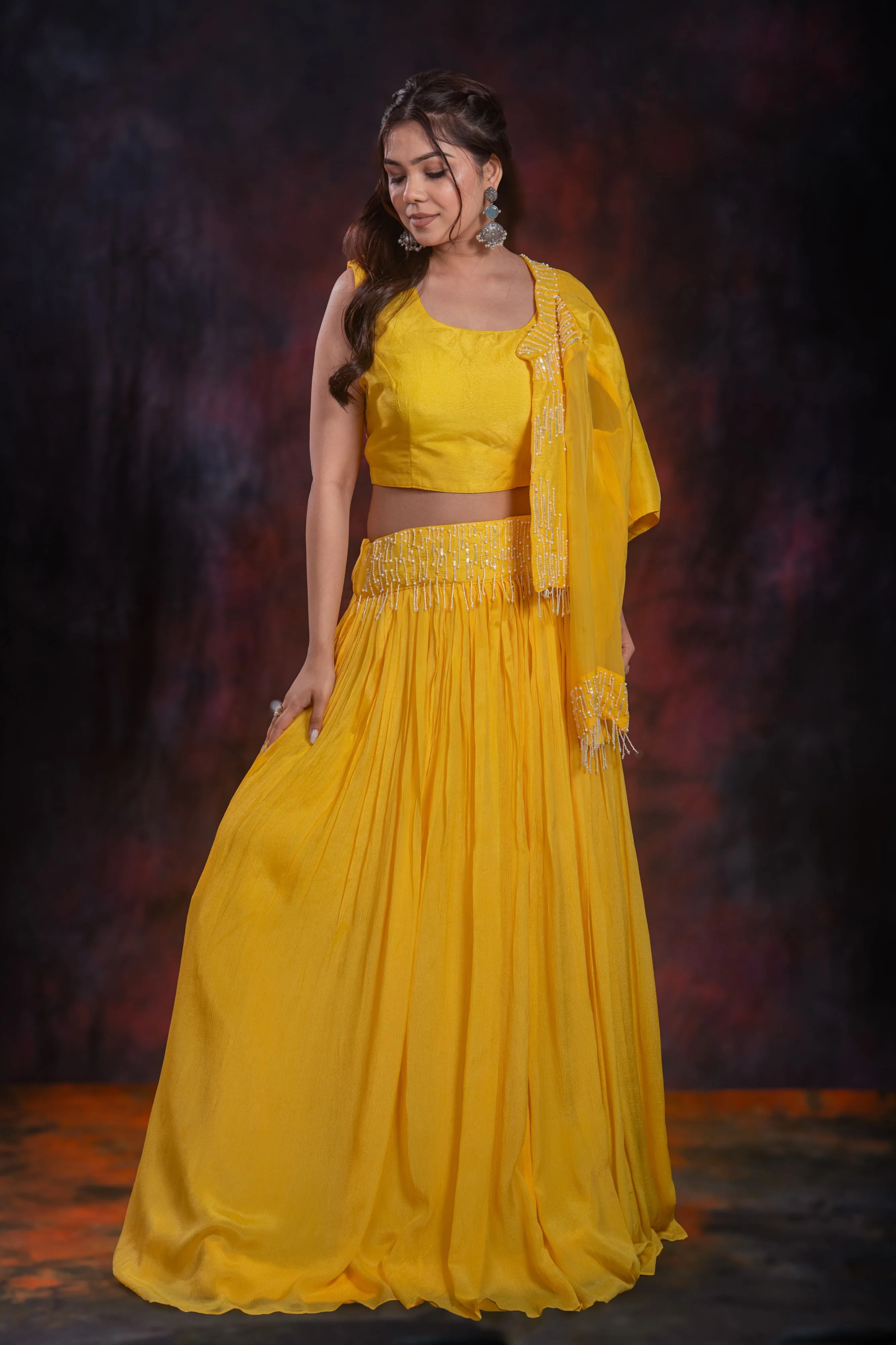 Yellow Embellished Chinon Silk Jacket Skirt Set - Image 3
