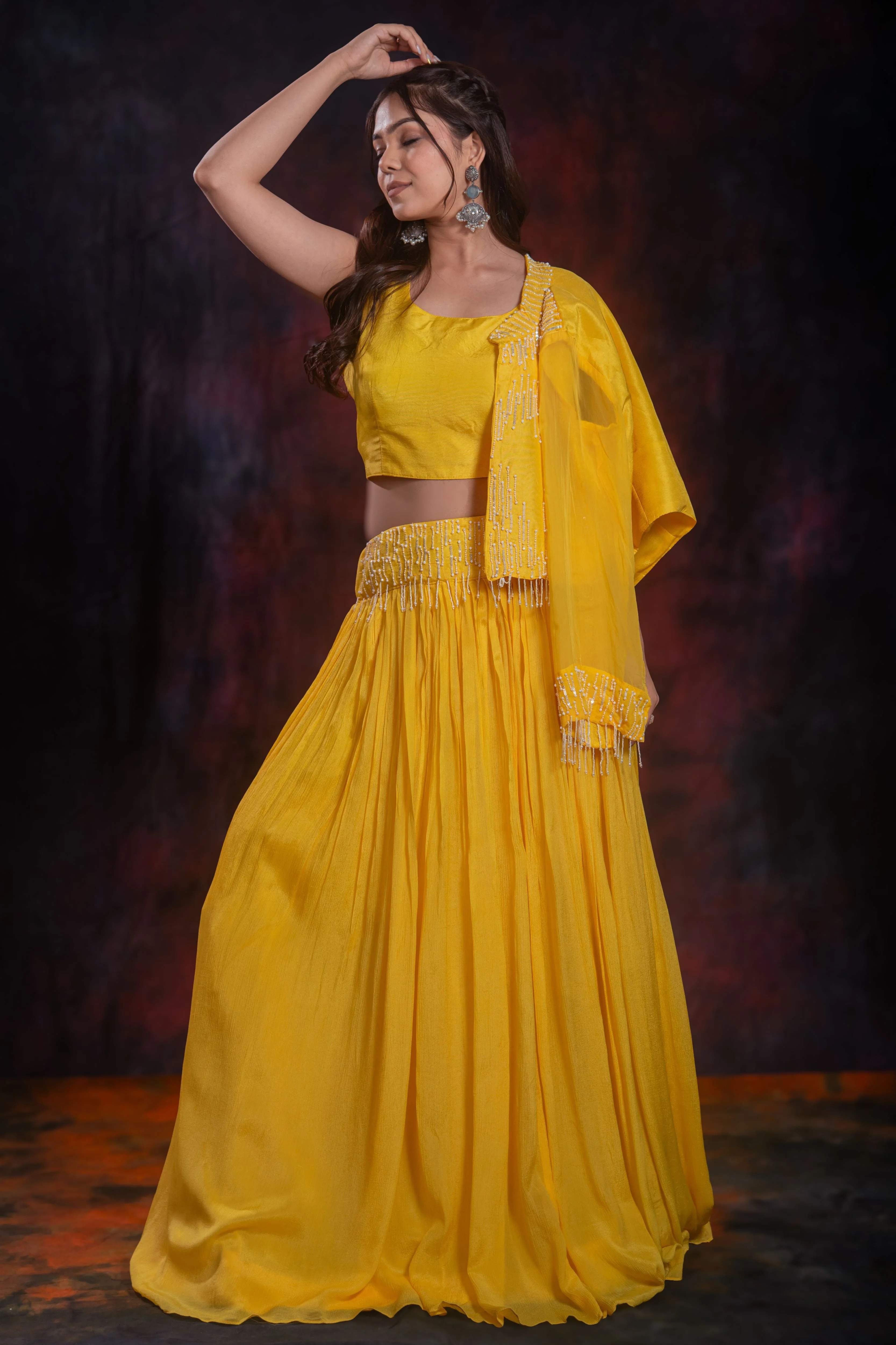 Yellow Embellished Chinon Silk Jacket Skirt Set - Image 4