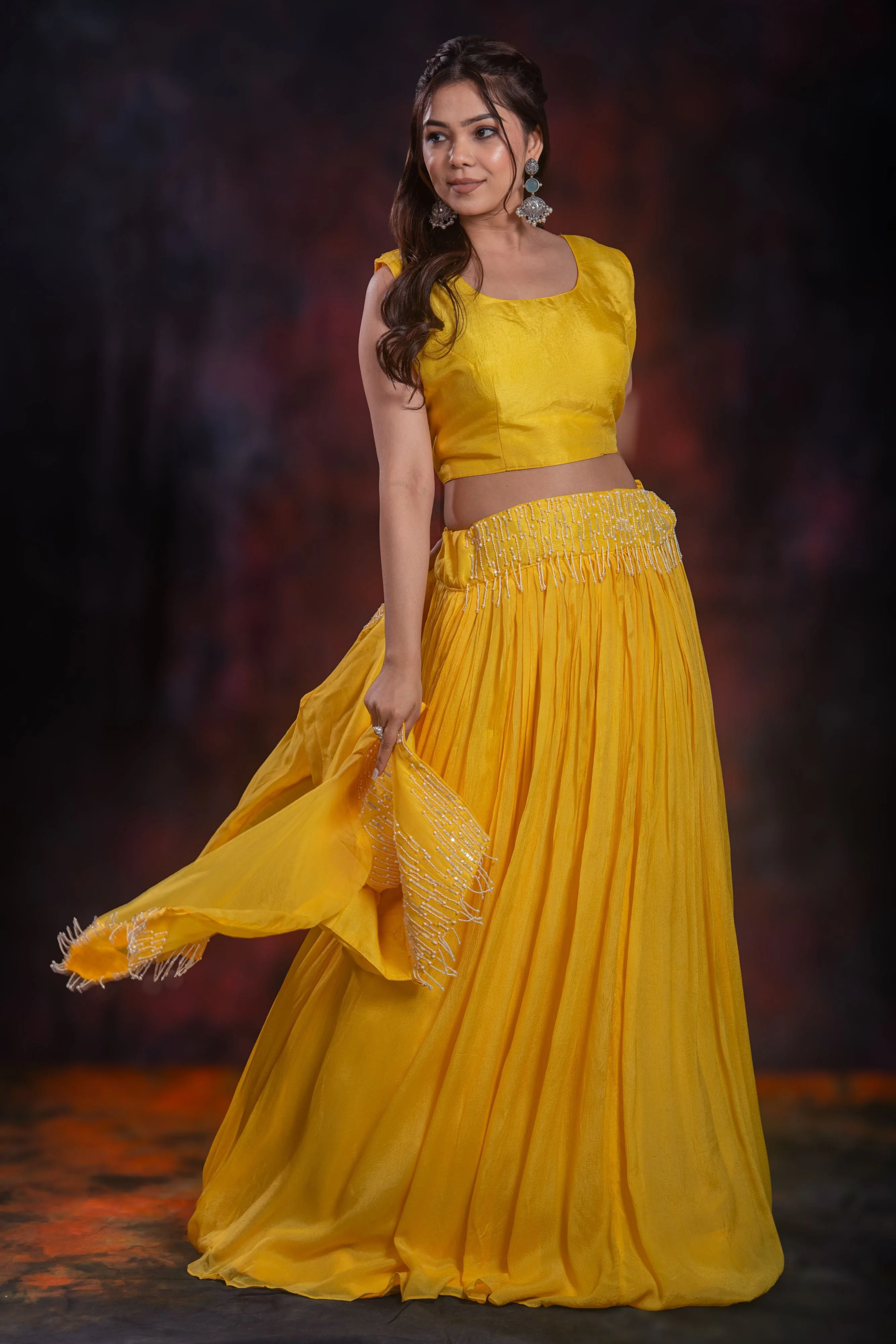 Yellow Embellished Chinon Silk Jacket Skirt Set - Image 5