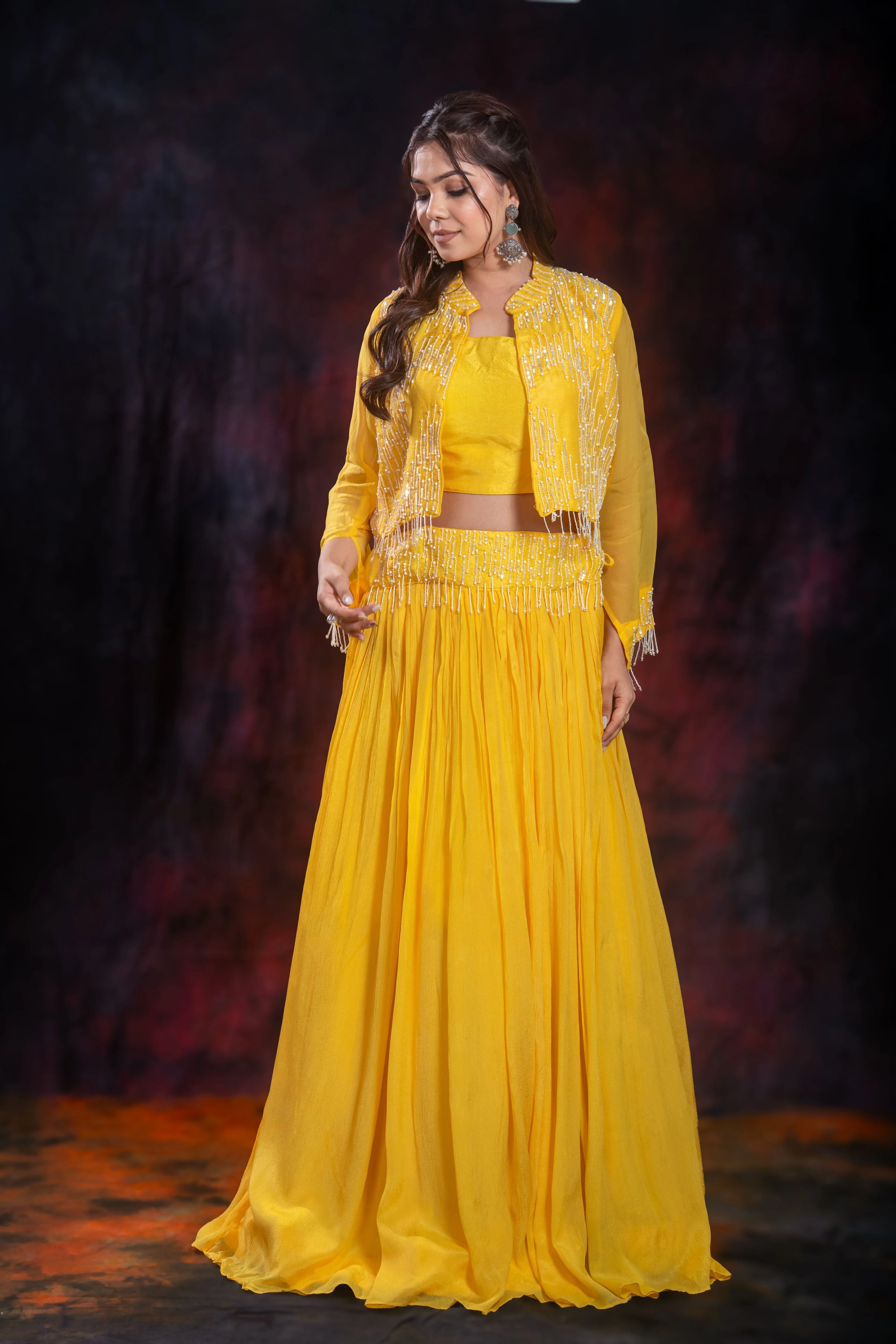 Yellow Embellished Chinon Silk Jacket Skirt Set - Image 6