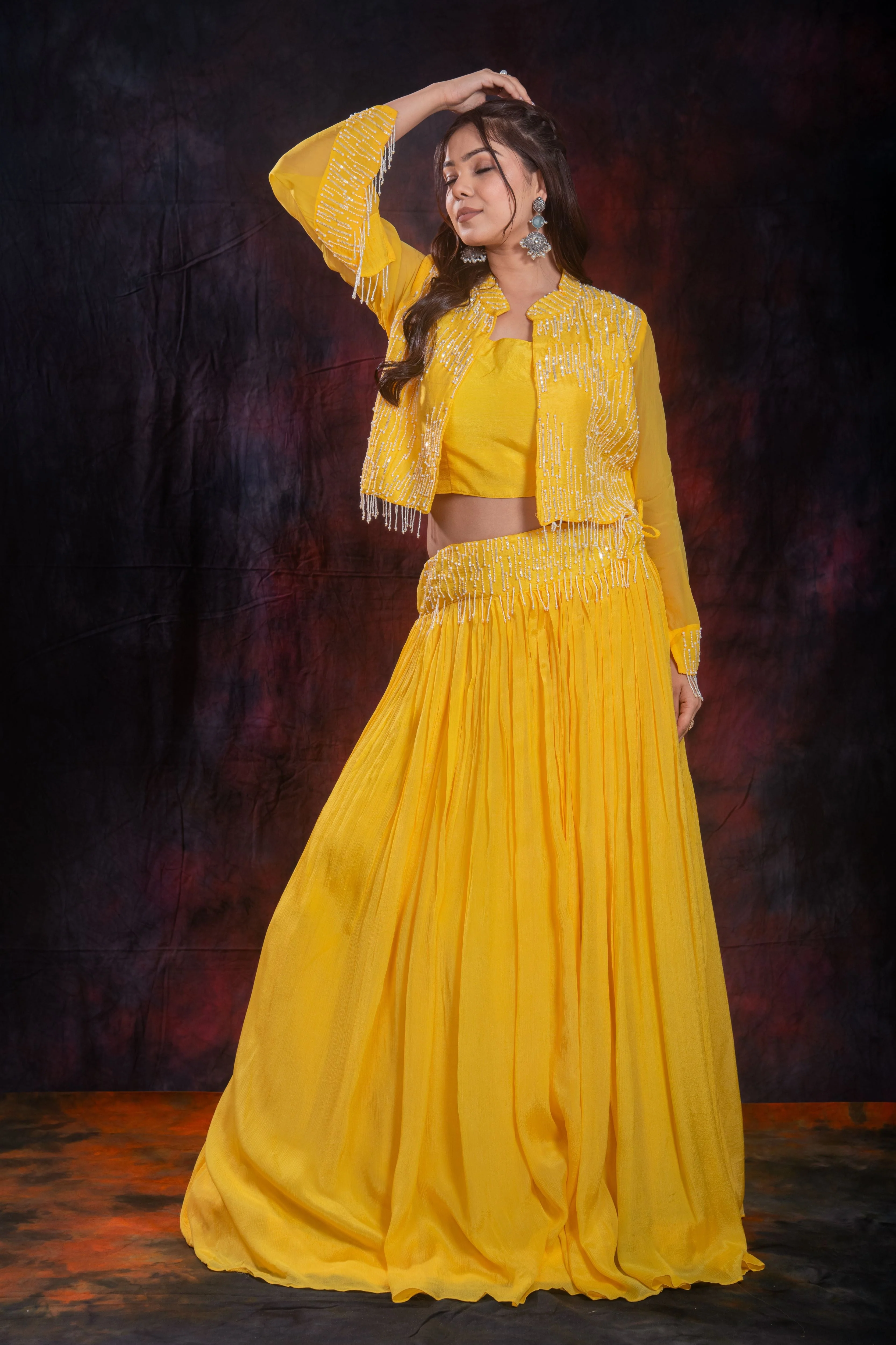 Yellow Embellished Chinon Silk Jacket Skirt Set - Image 7