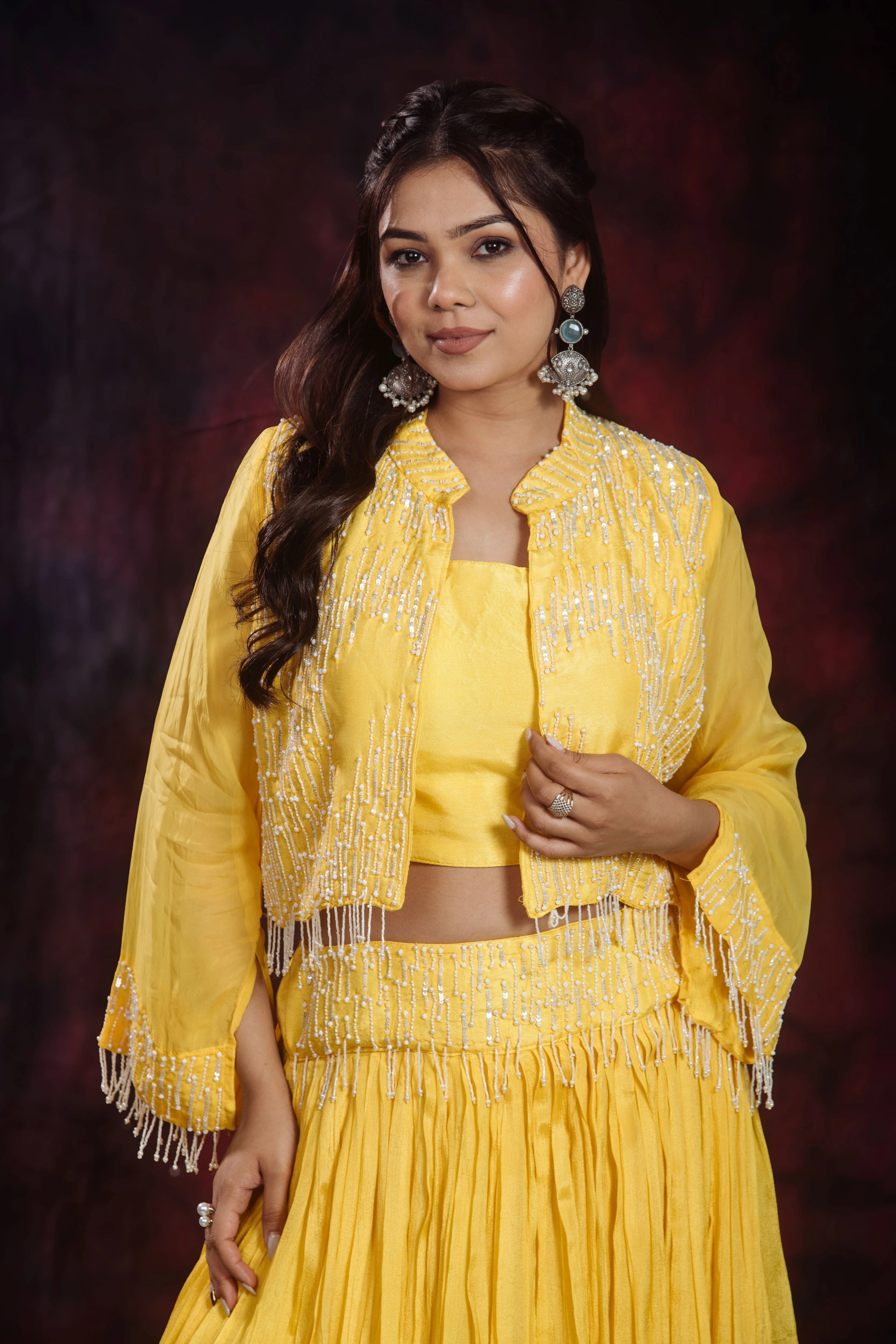 Yellow Embellished Chinon Silk Jacket Skirt Set - Image 8