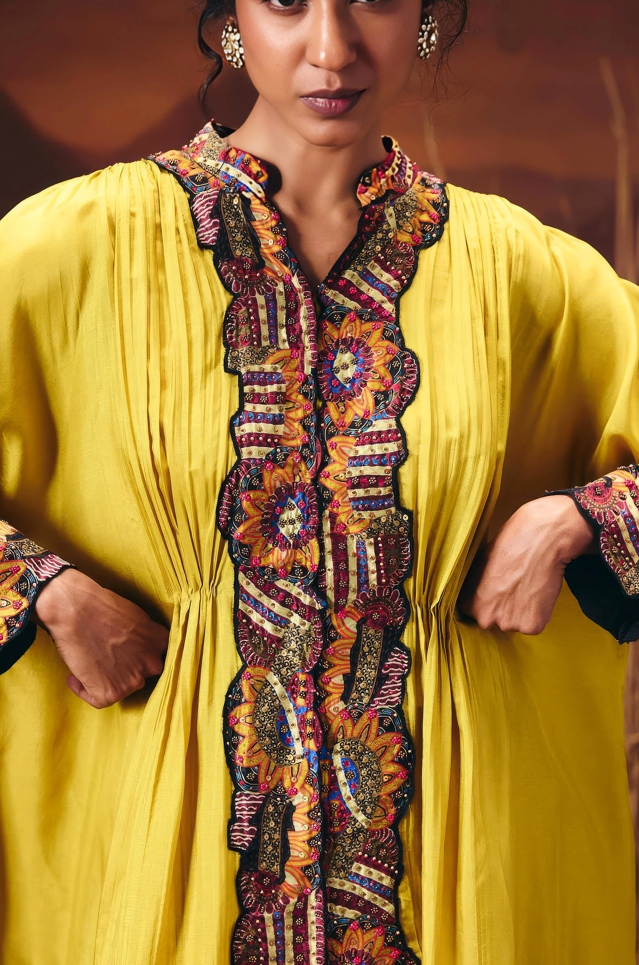 Mustard Yellow Embellished Chinon Silk Kaftan Set - Image 2