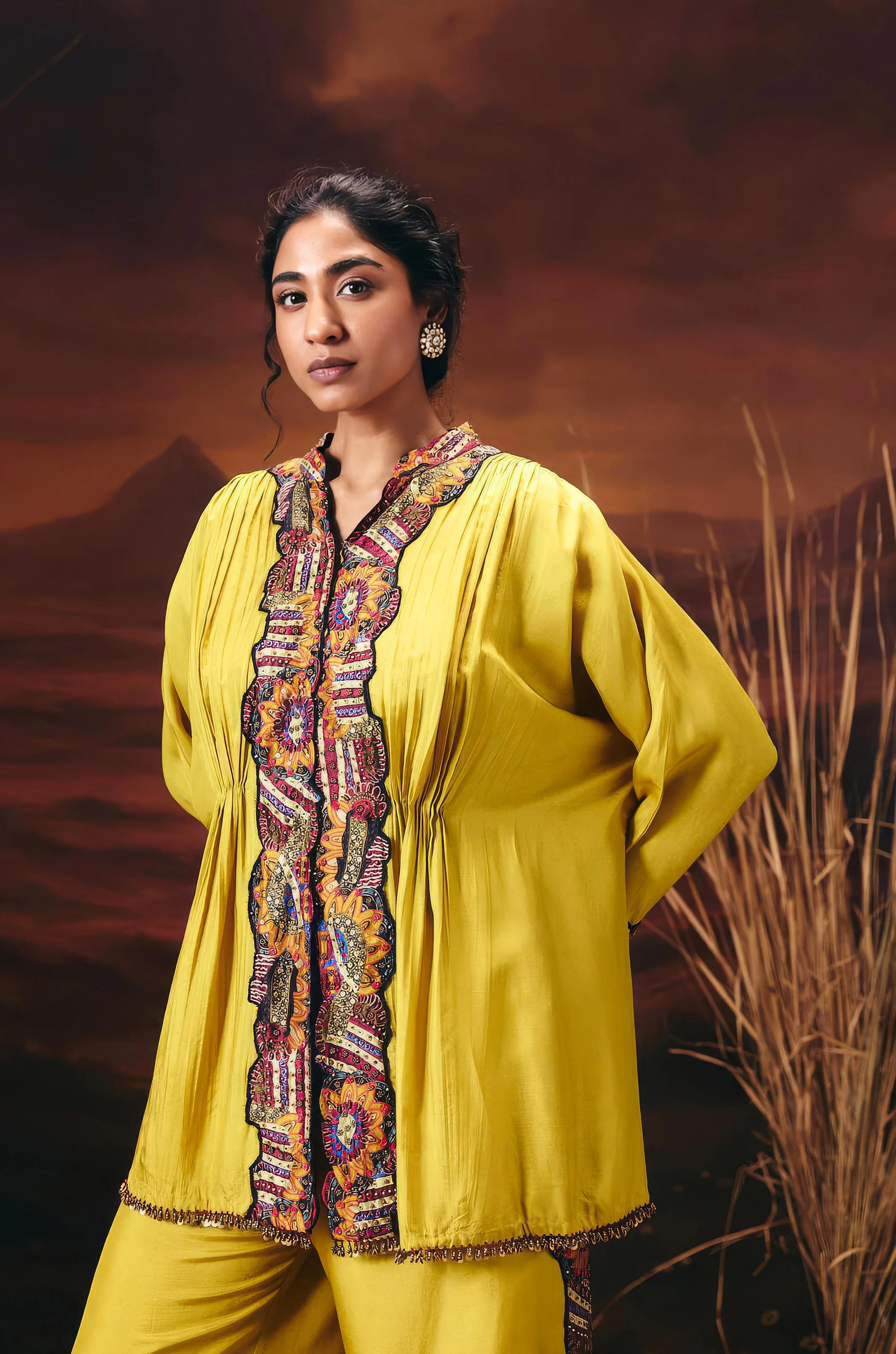 Mustard Yellow Embellished Chinon Silk Kaftan Set - Image 3