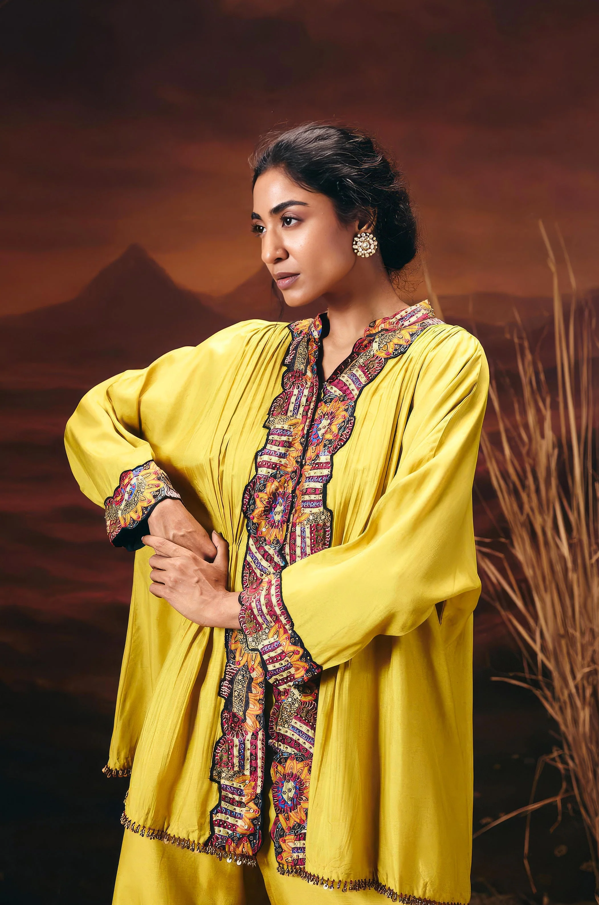Mustard Yellow Embellished Chinon Silk Kaftan Set - Image 4