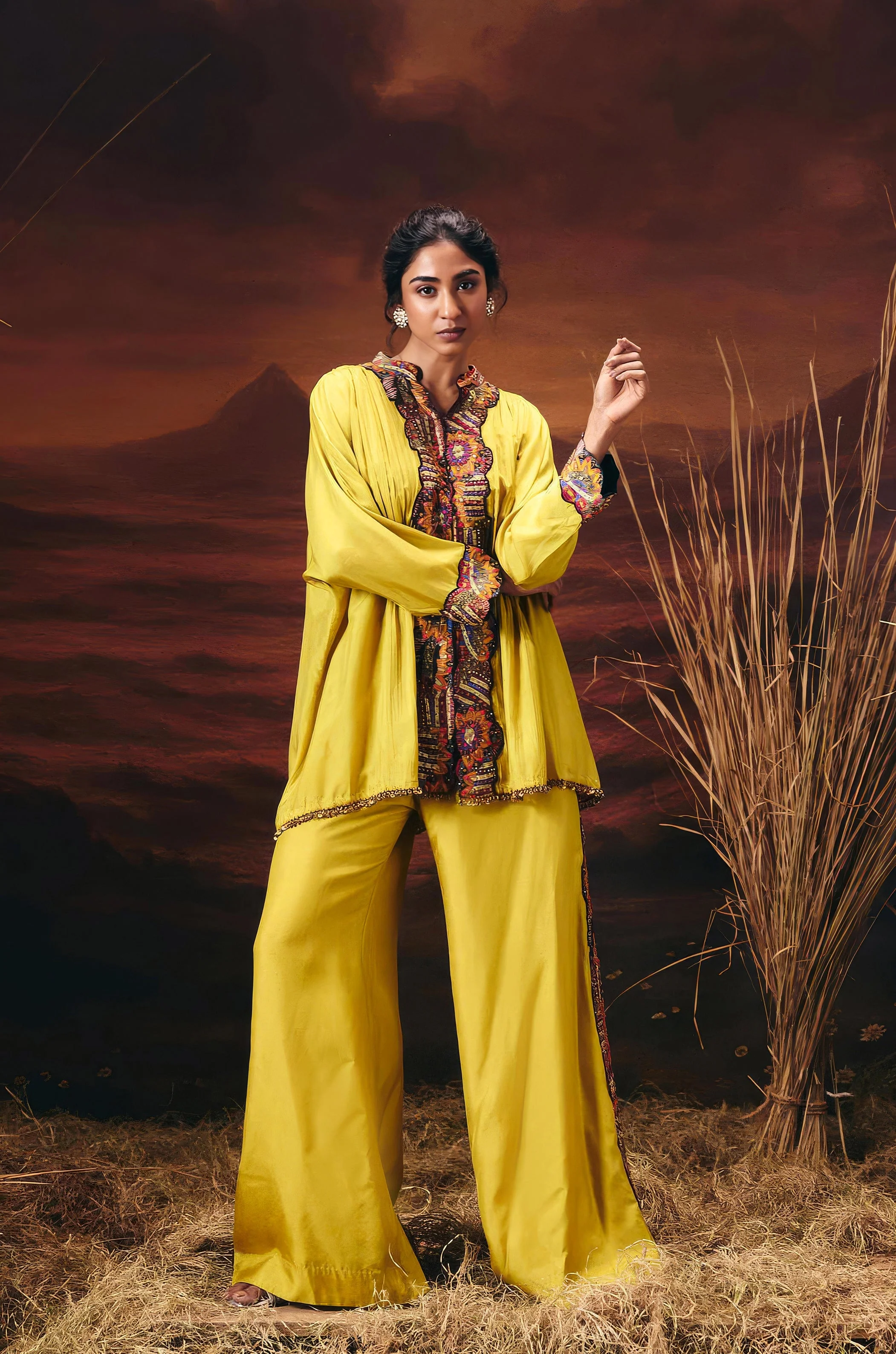 Mustard Yellow Embellished Chinon Silk Kaftan Set - Image 5