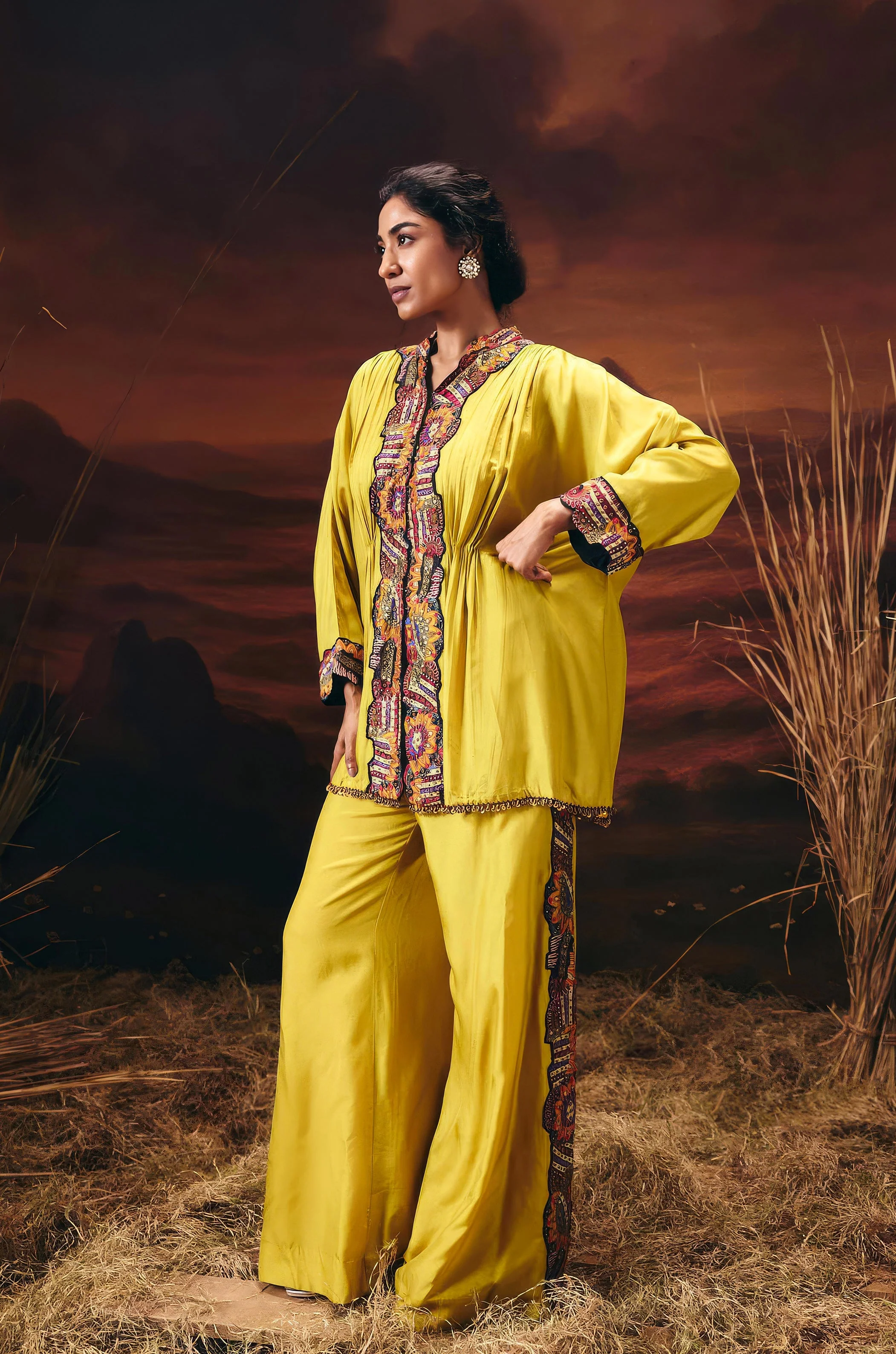 Mustard Yellow Embellished Chinon Silk Kaftan Set - Image 6