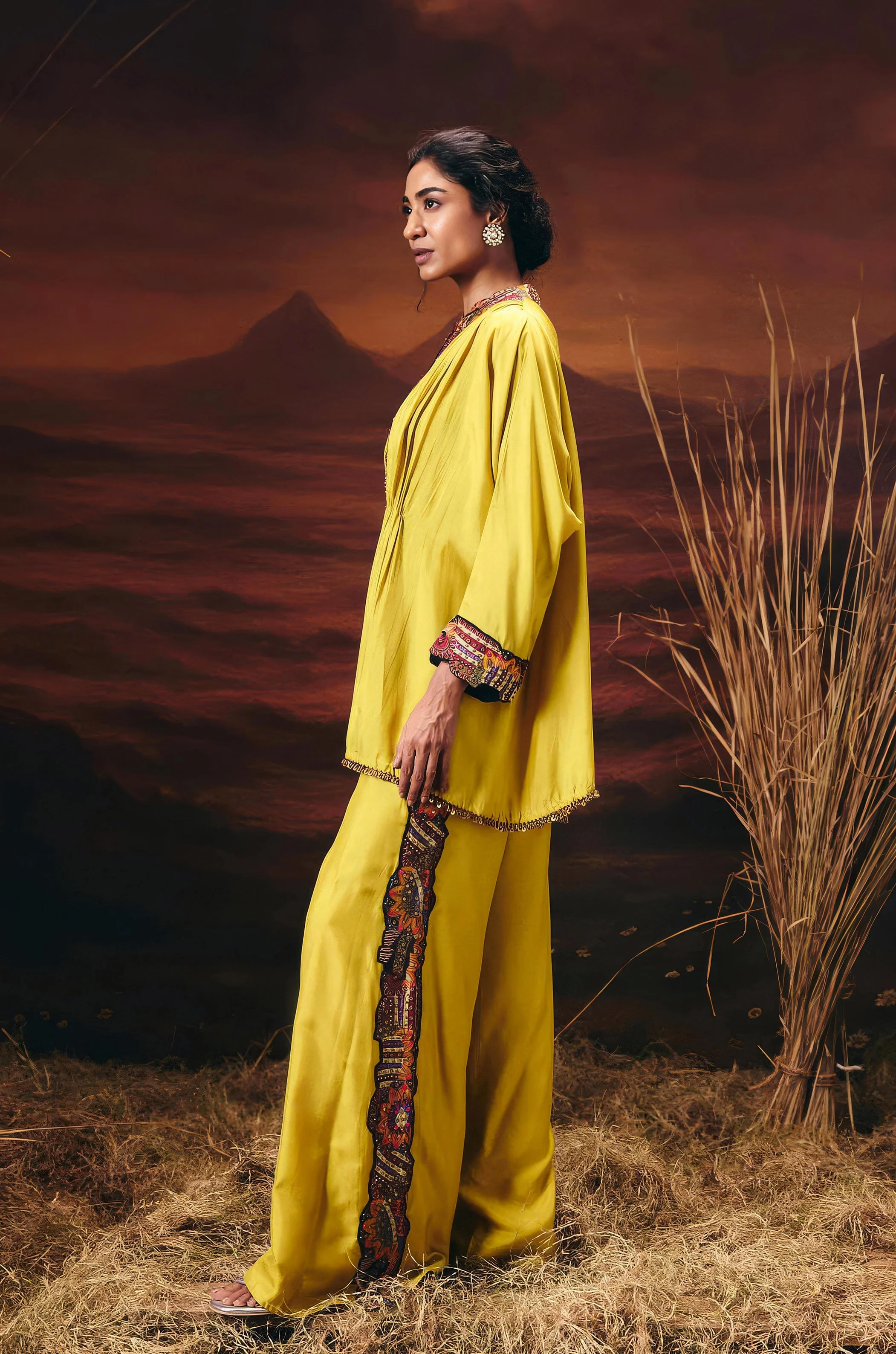 Mustard Yellow Embellished Chinon Silk Kaftan Set - Image 7