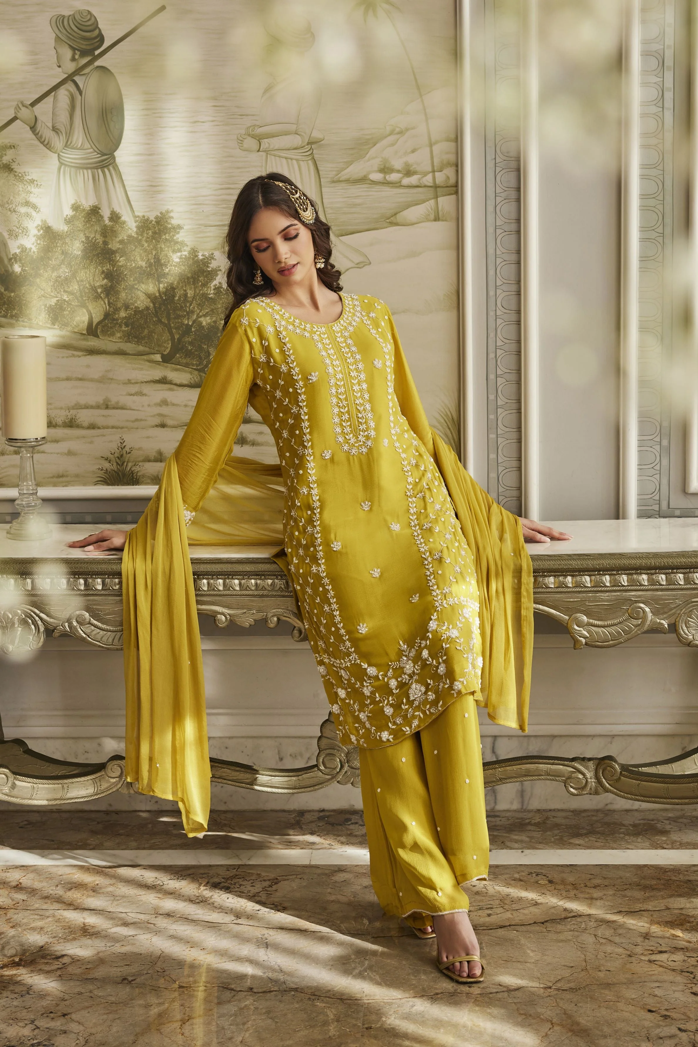 Yellow Embellished Chinon Silk Palazzo Set - Image 3