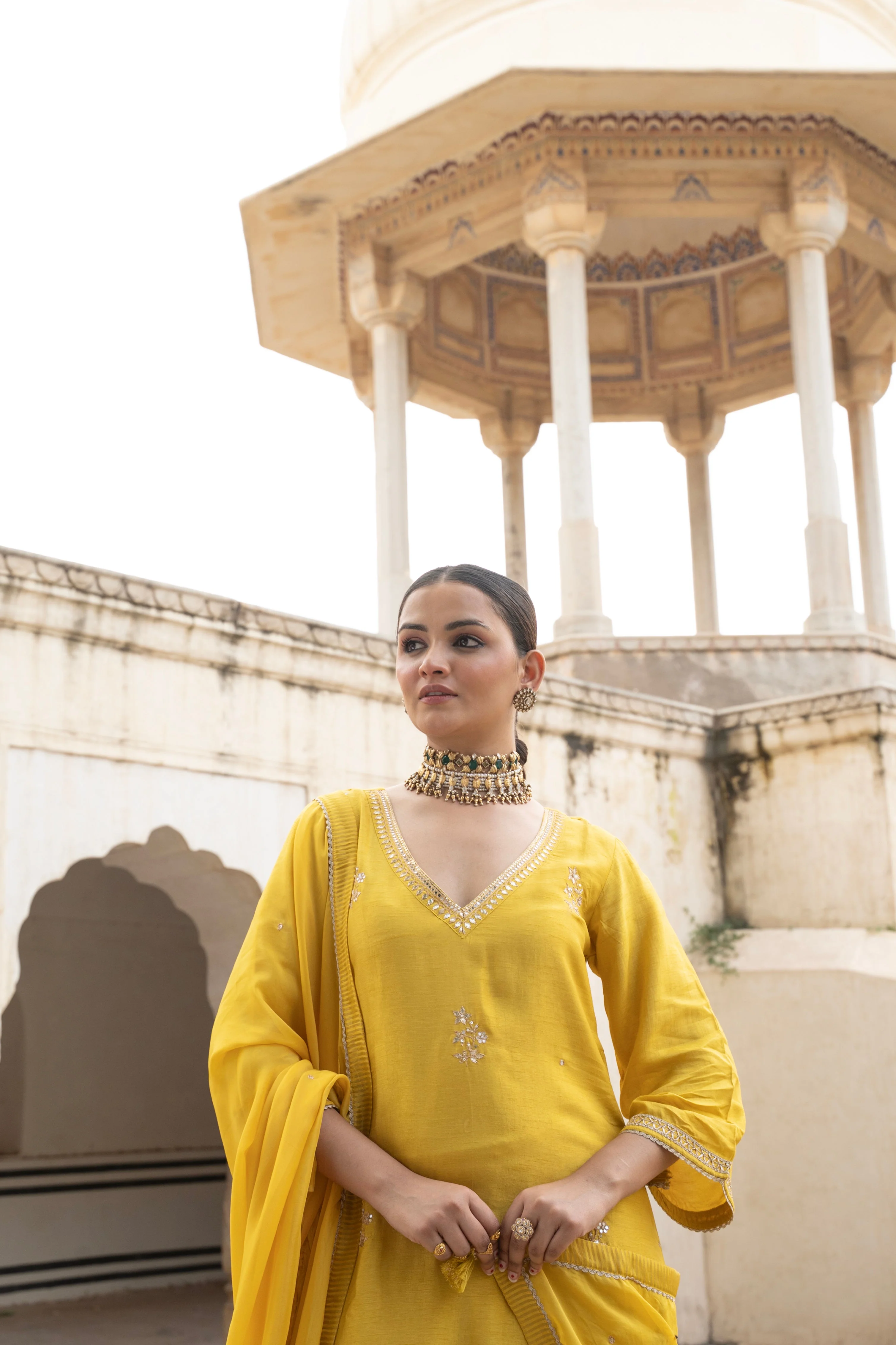 Marigold Yellow Embellished Dola Silk Pant Set - Image 2