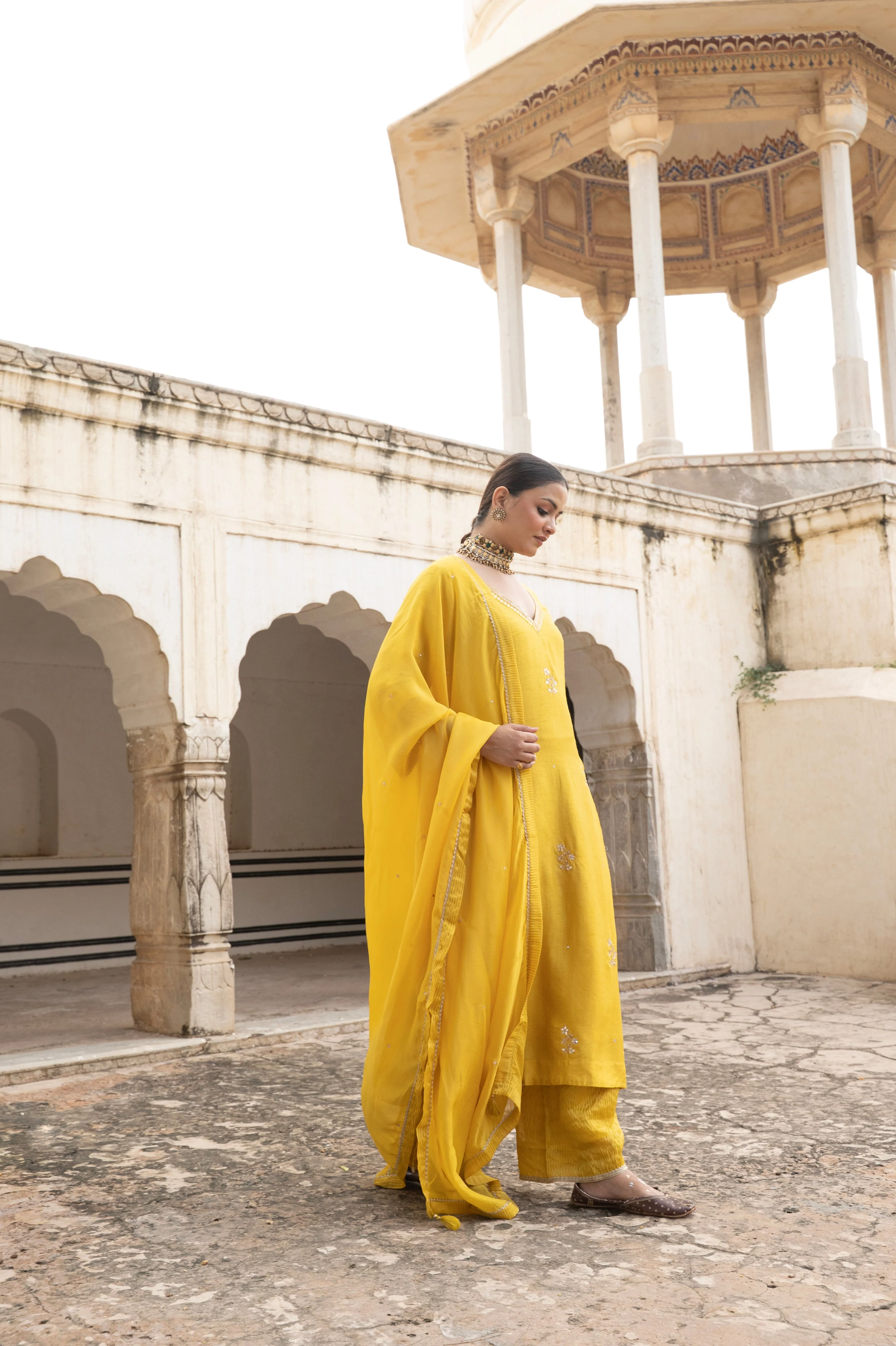 Marigold Yellow Embellished Dola Silk Pant Set - Image 3