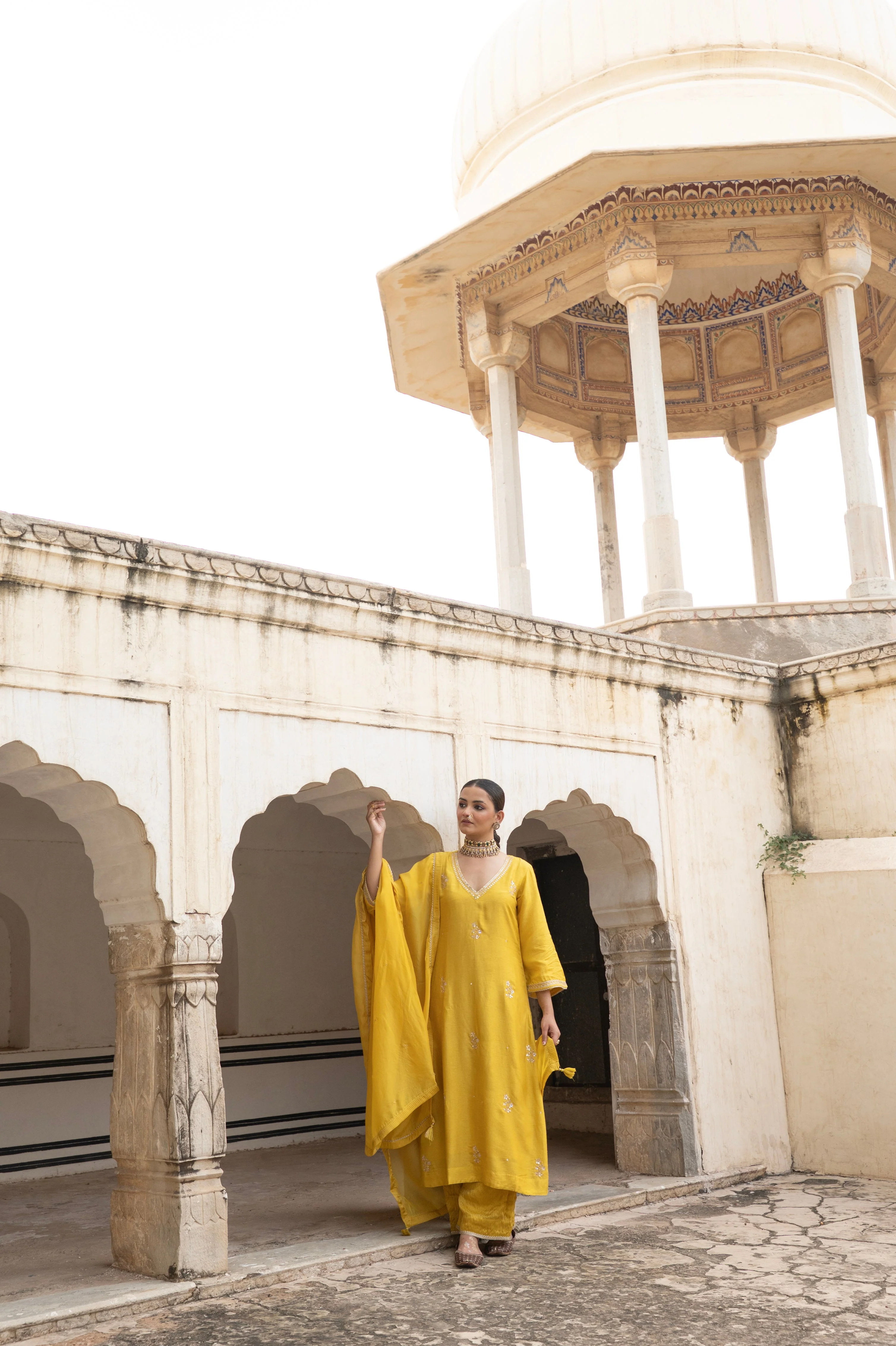 Marigold Yellow Embellished Dola Silk Pant Set - Image 4
