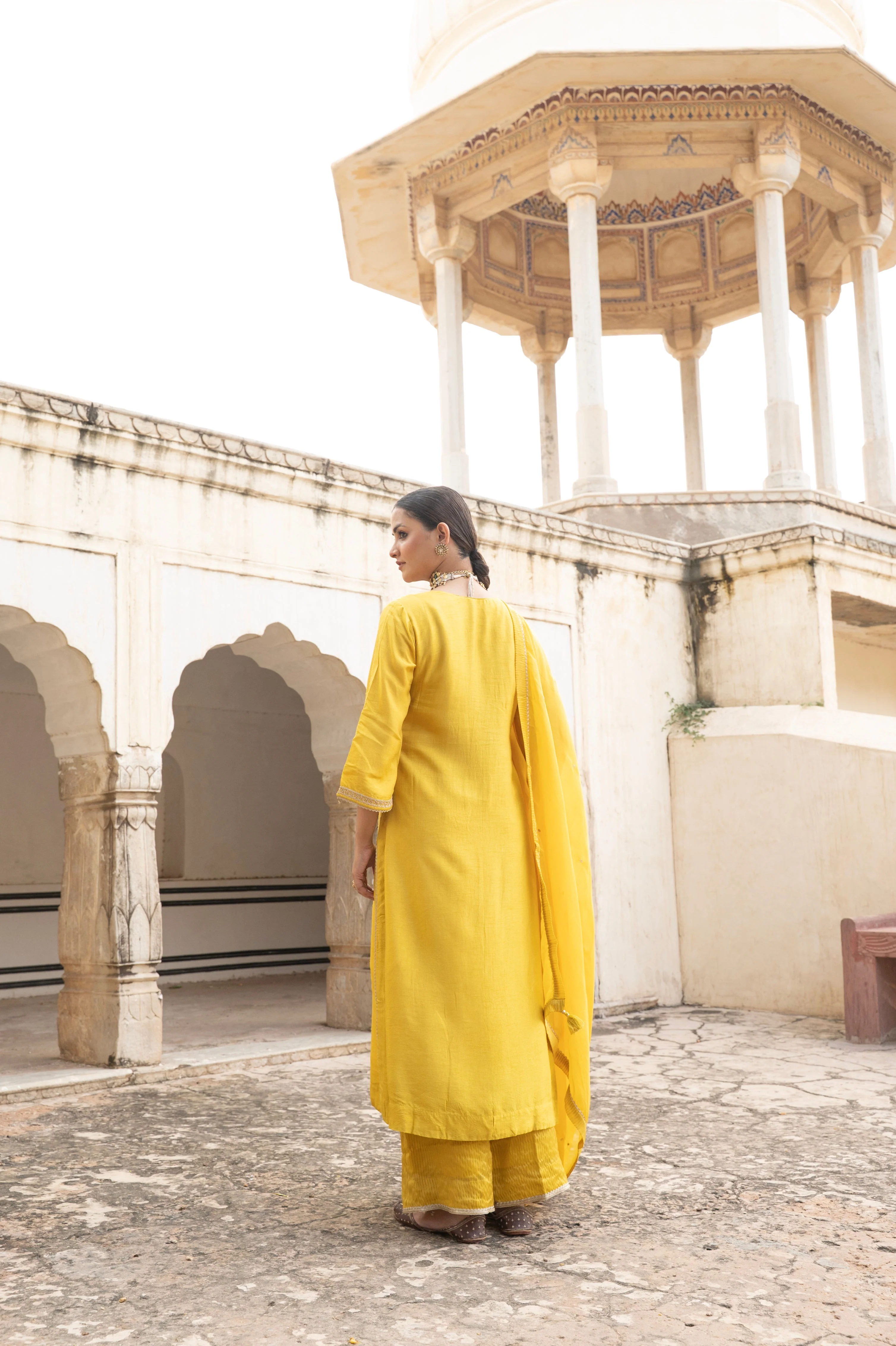 Marigold Yellow Embellished Dola Silk Pant Set - Image 5