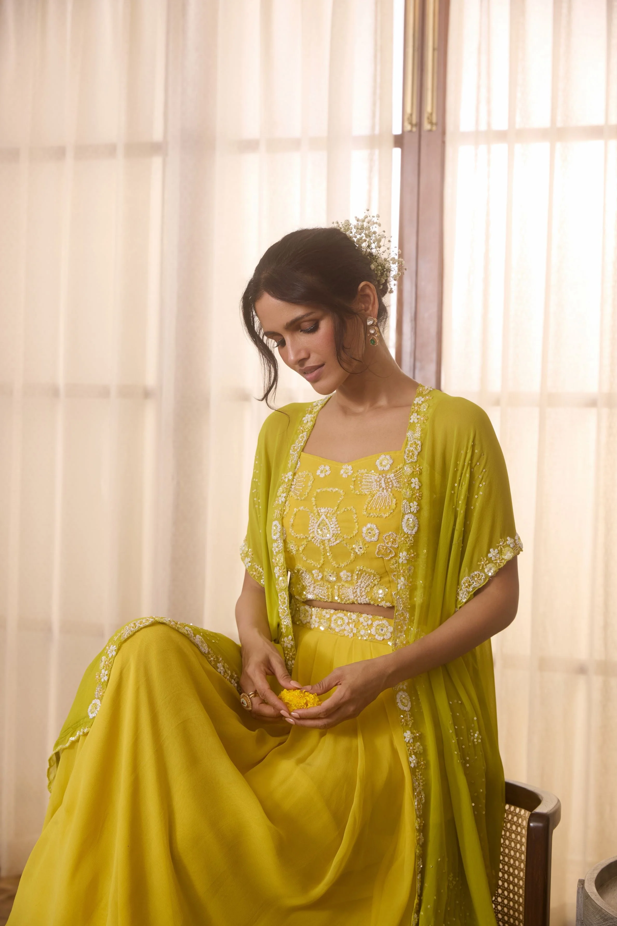 Yellow Embellished Georgette Silk Cape Set - Image 2