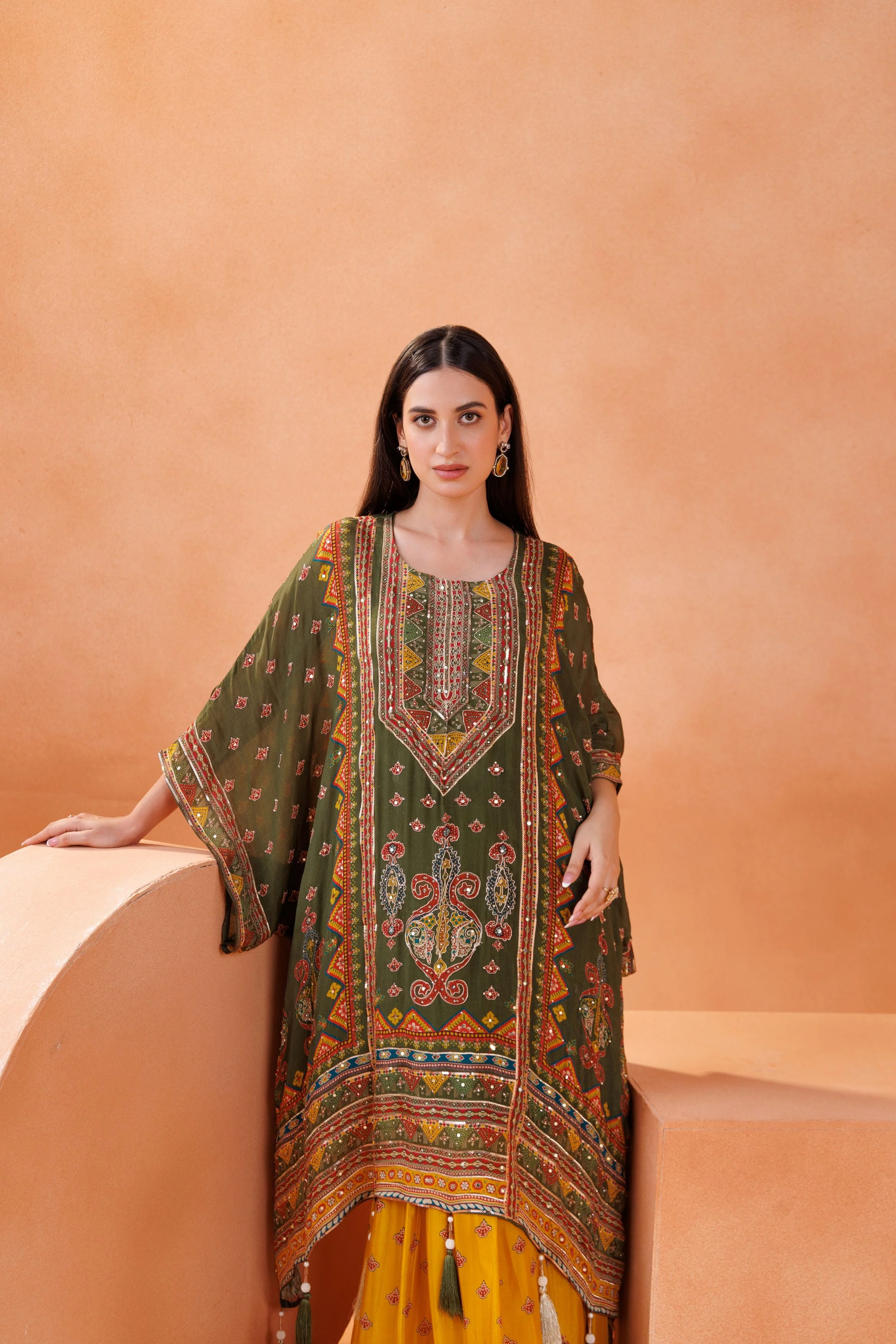 Green Embellished Chinon Silk Kaftan Set - Image 2