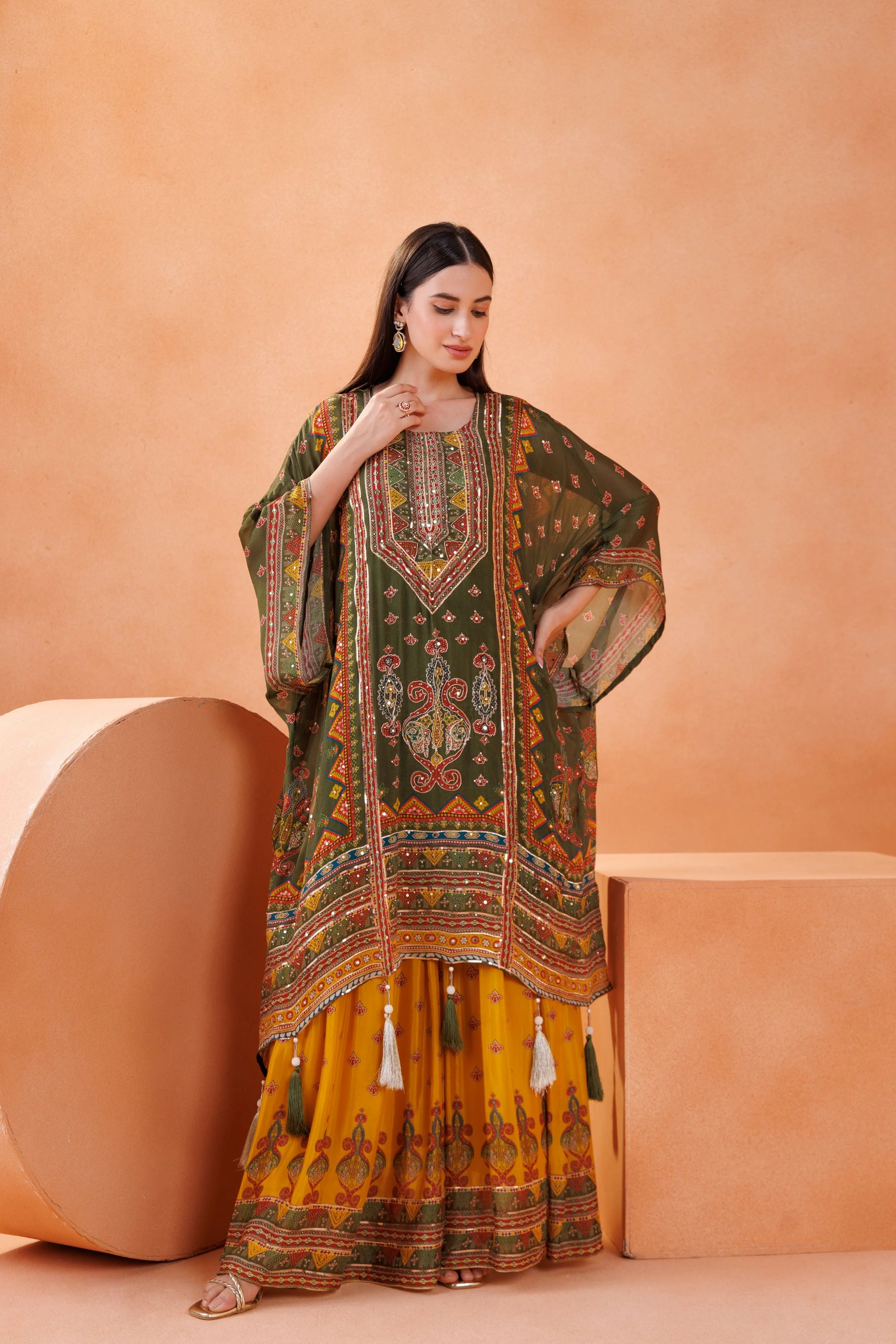 Green Embellished Chinon Silk Kaftan Set - Image 3