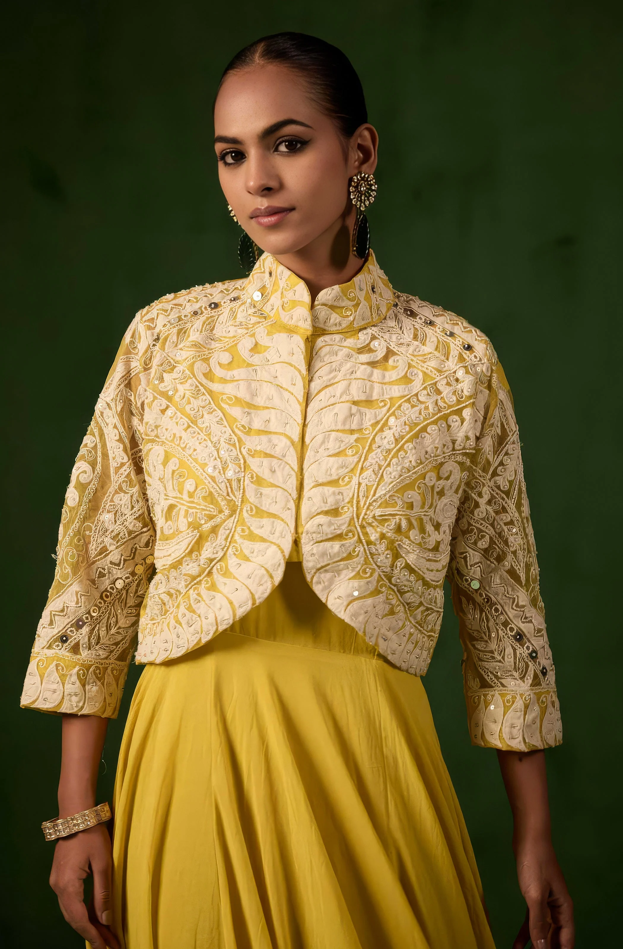 Sunflower Yellow Embellished Organic Cotton Gown Set - Image 3