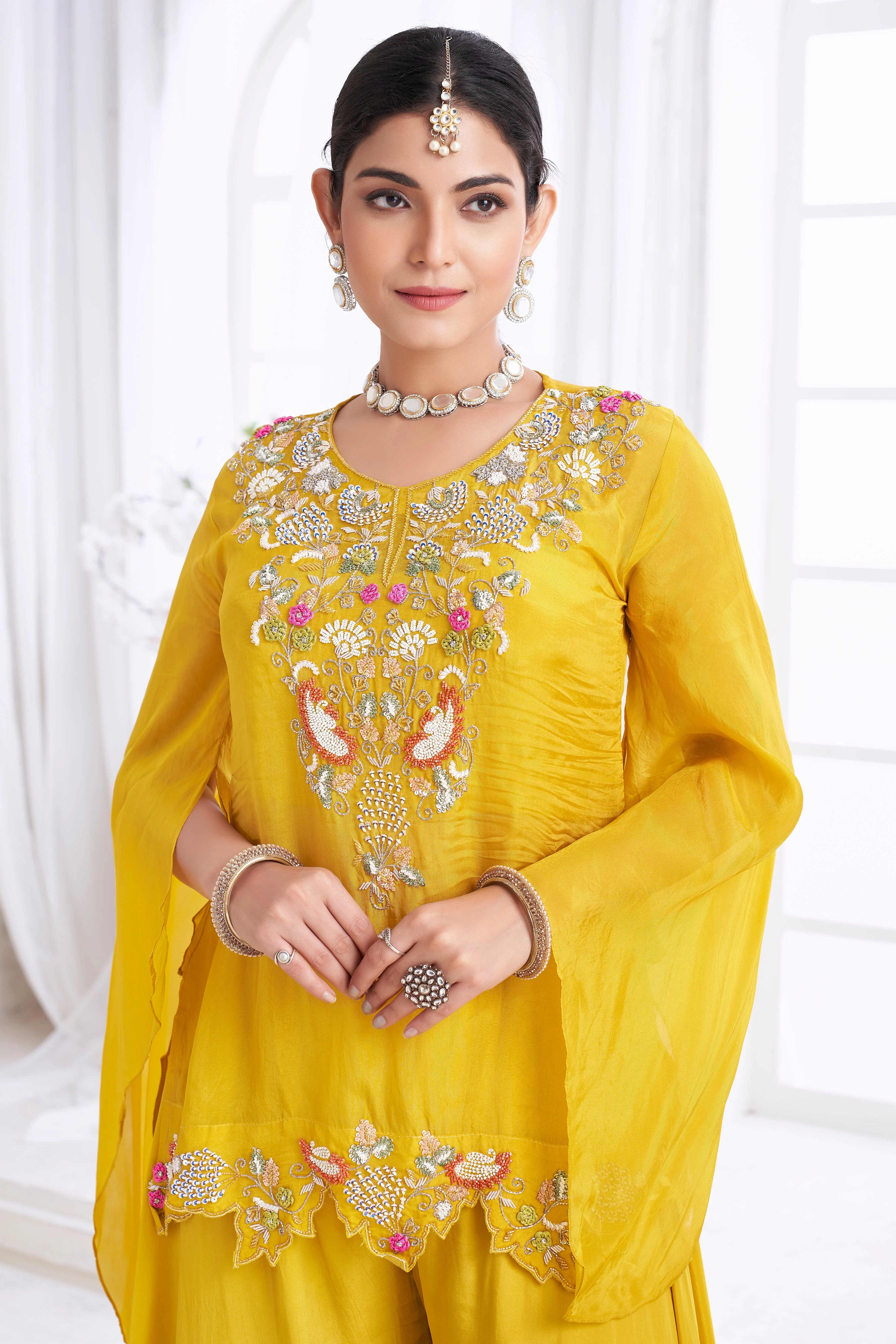 Bright Yellow Embellished Organza Silk Palazzo Set - Image 2