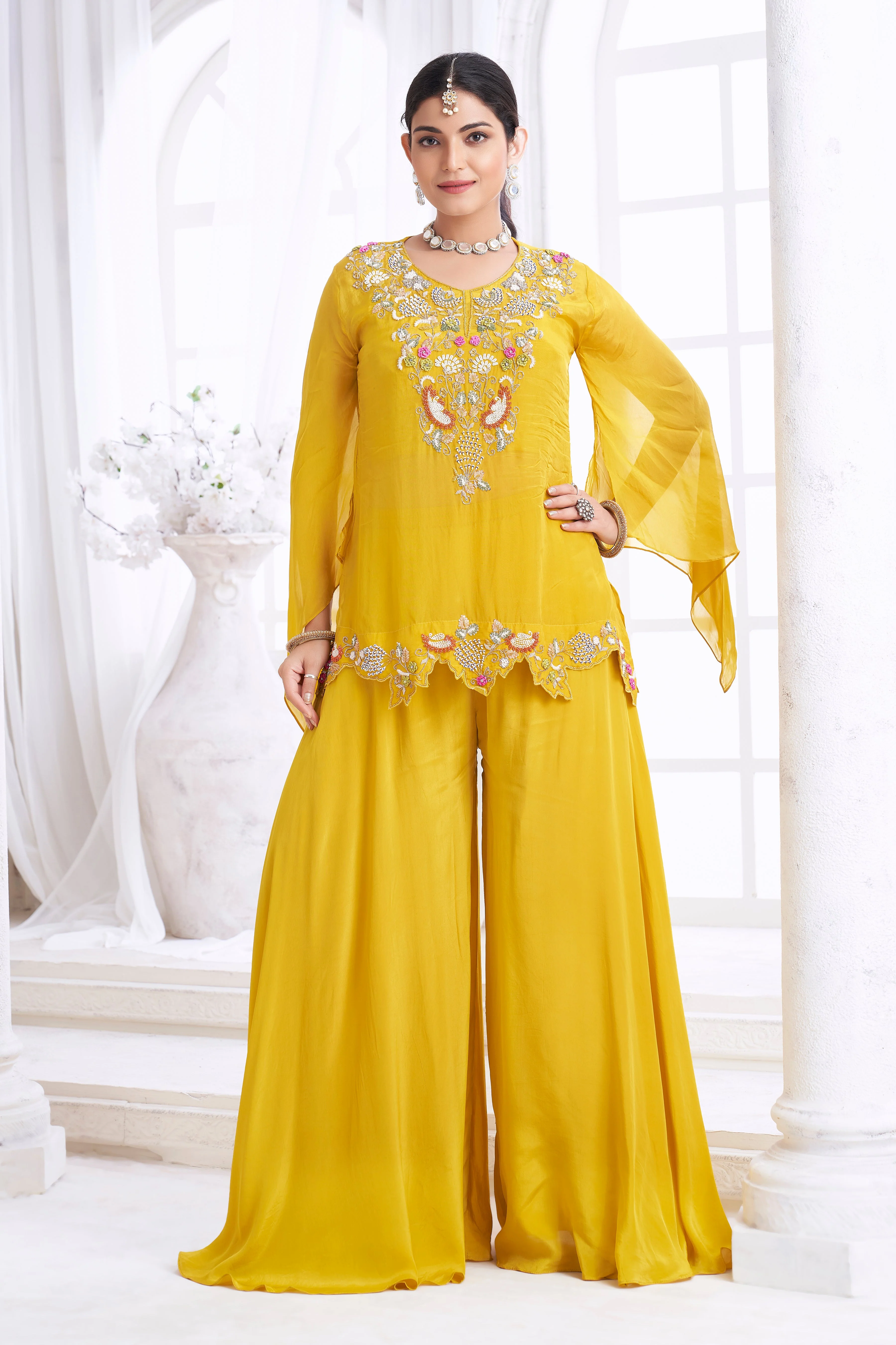 Bright Yellow Embellished Organza Silk Palazzo Set - Image 3