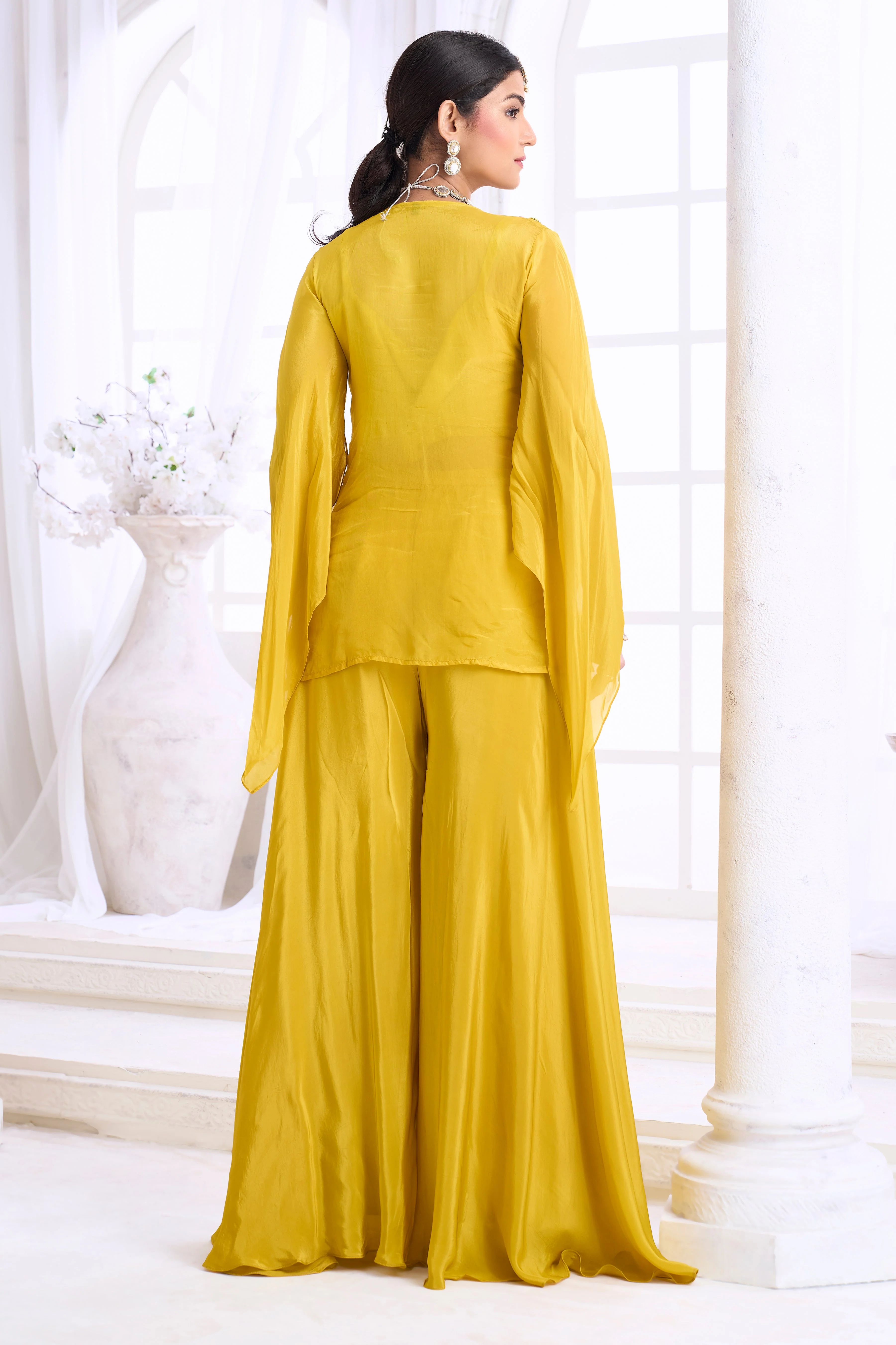 Bright Yellow Embellished Organza Silk Palazzo Set - Image 4