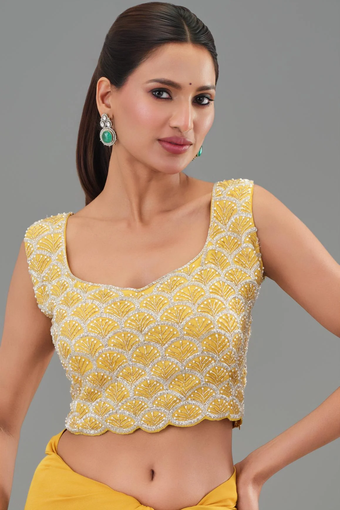 Yellow Embellished Pleated Saree - Image 10