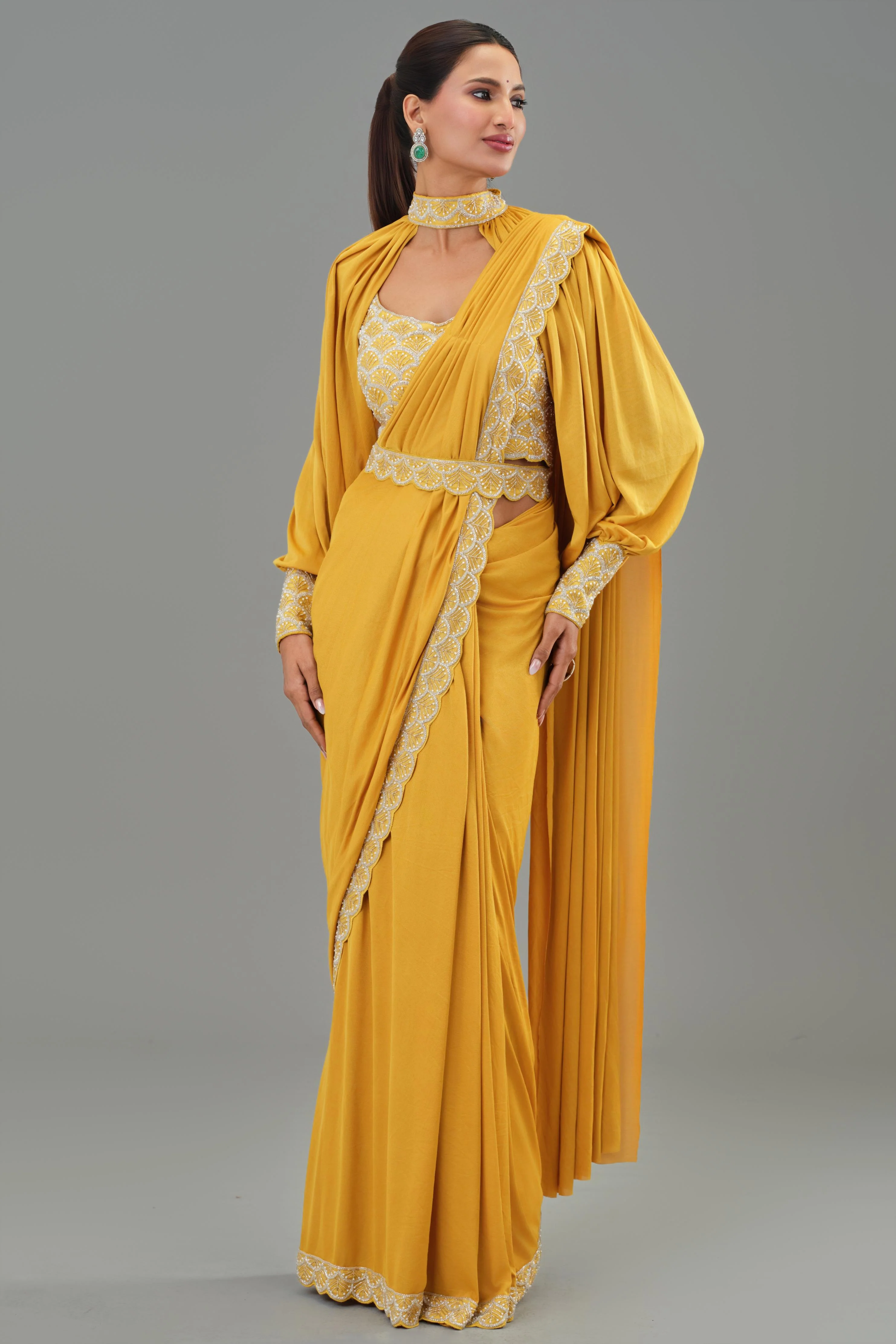 Yellow Embellished Pleated Saree - Image 3