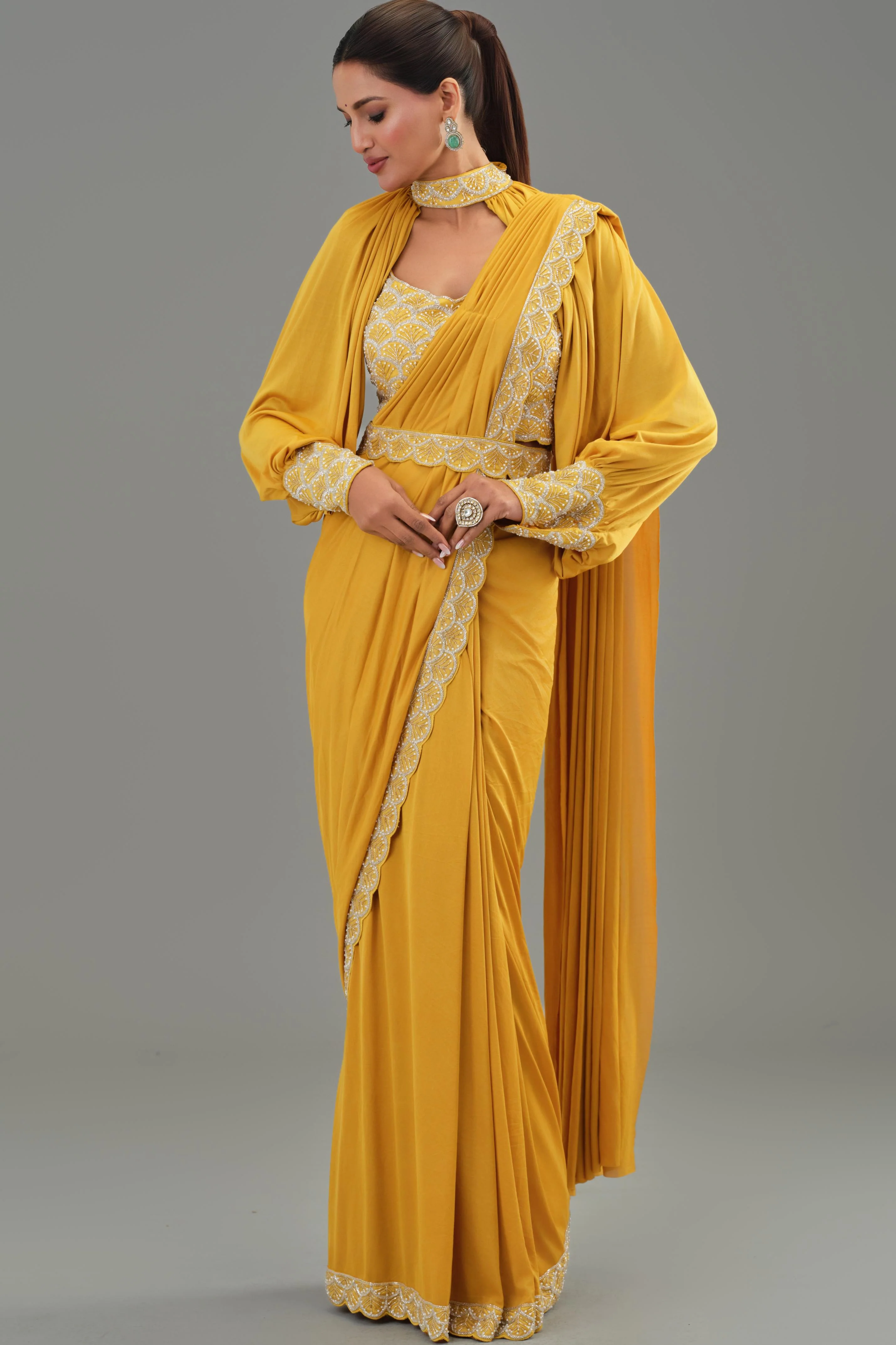 Yellow Embellished Pleated Saree - Image 4