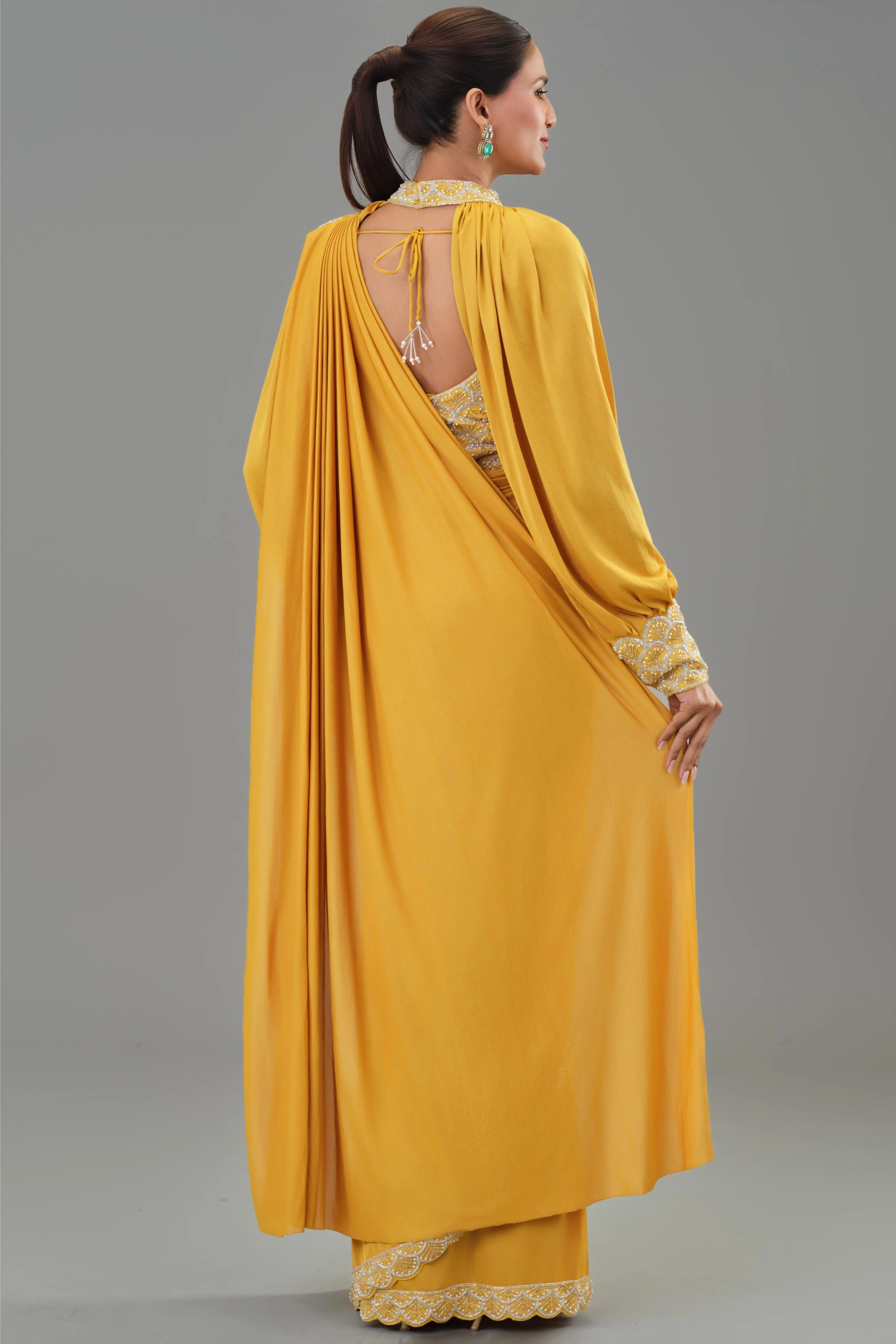 Yellow Embellished Pleated Saree - Image 5