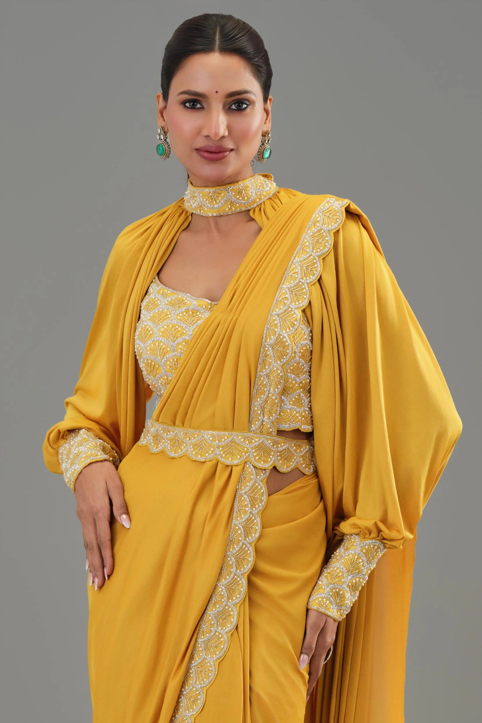 Yellow Embellished Pleated Saree - Image 6
