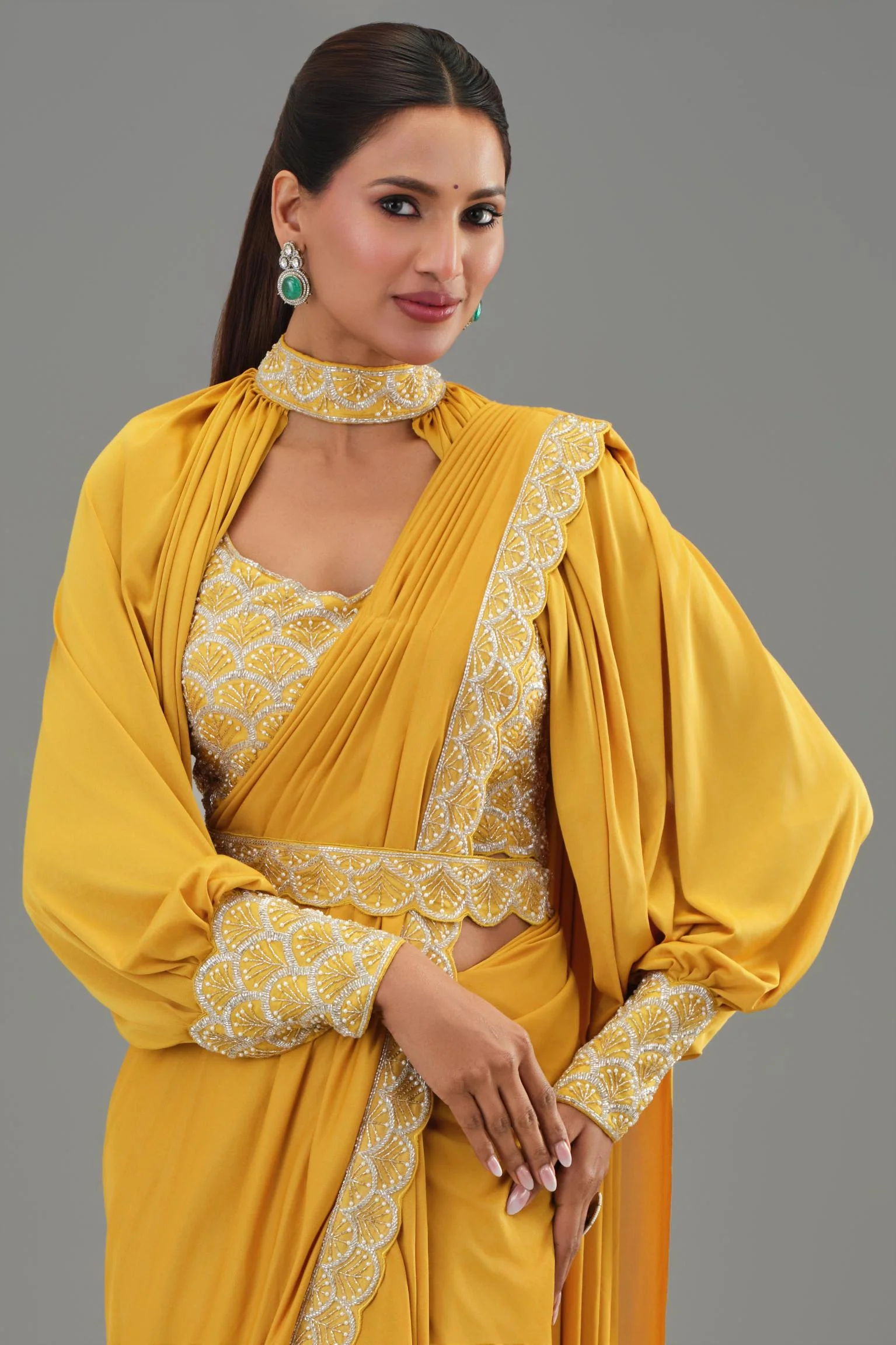 Yellow Embellished Pleated Saree - Image 7
