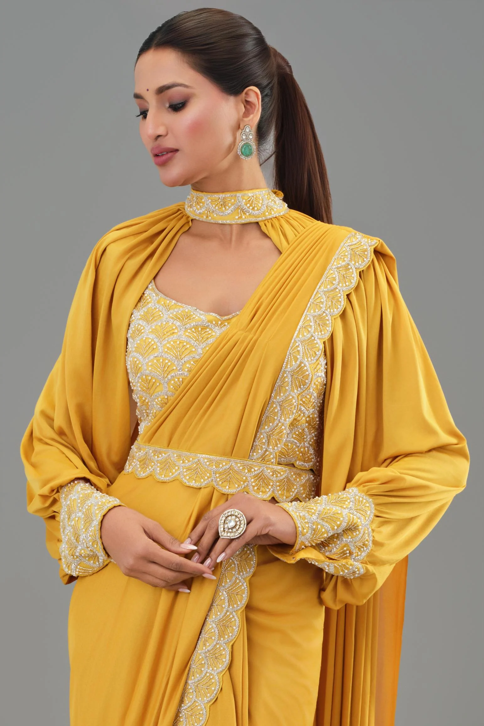 Yellow Embellished Pleated Saree - Image 8