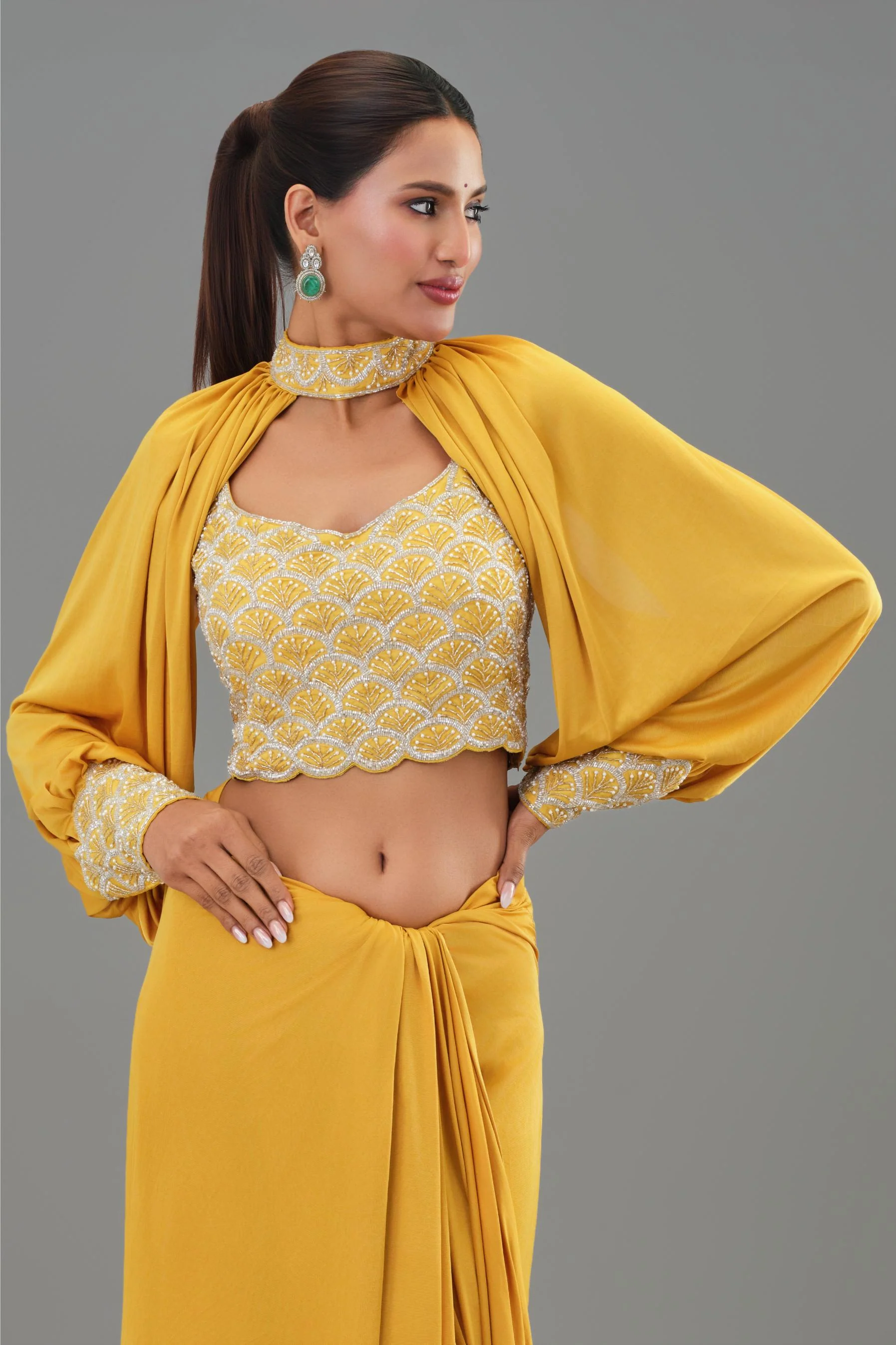 Yellow Embellished Pleated Saree - Image 9