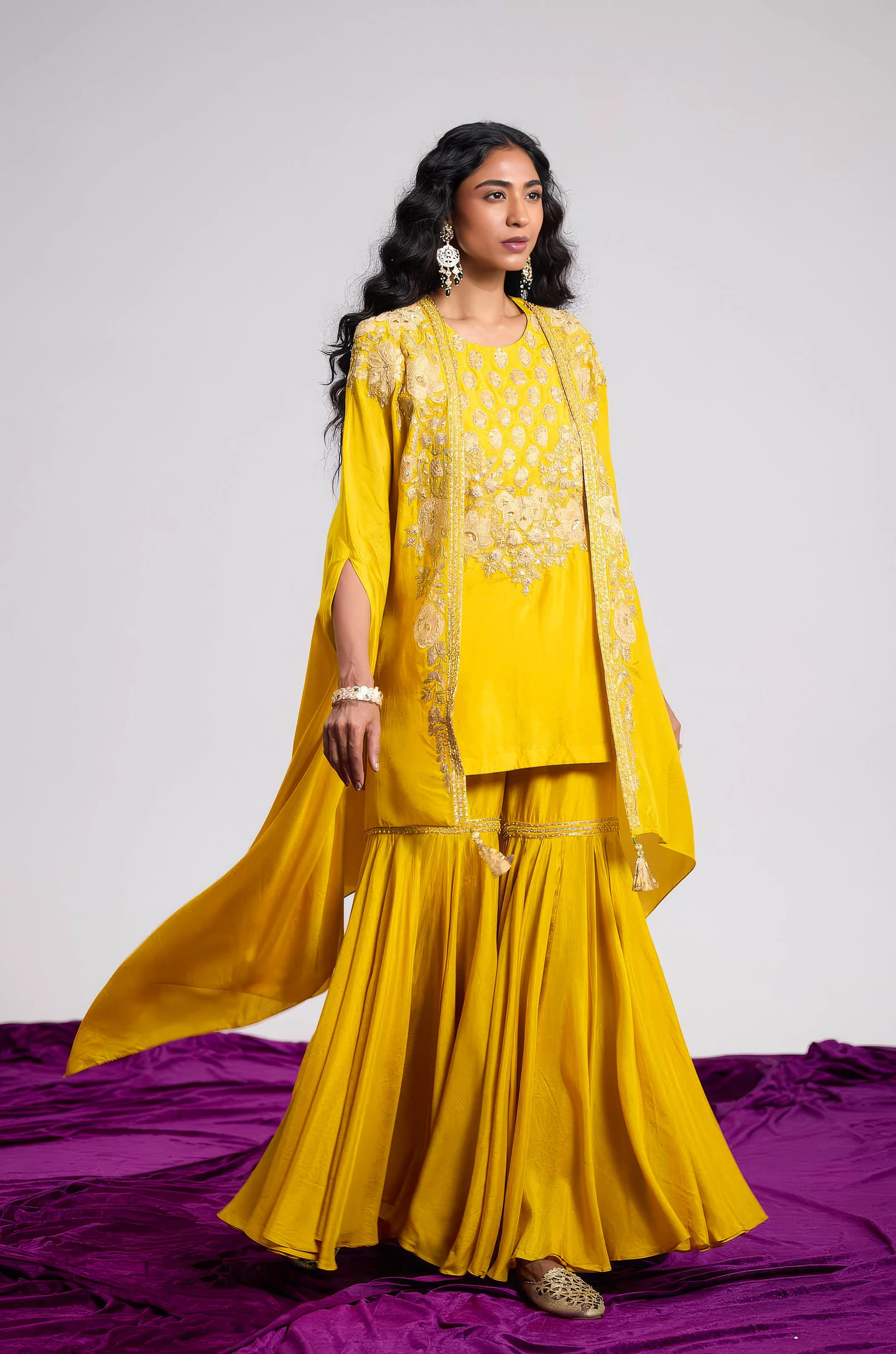 Mustard Yellow Embellished Premium Silk Sharara Set - Image 4