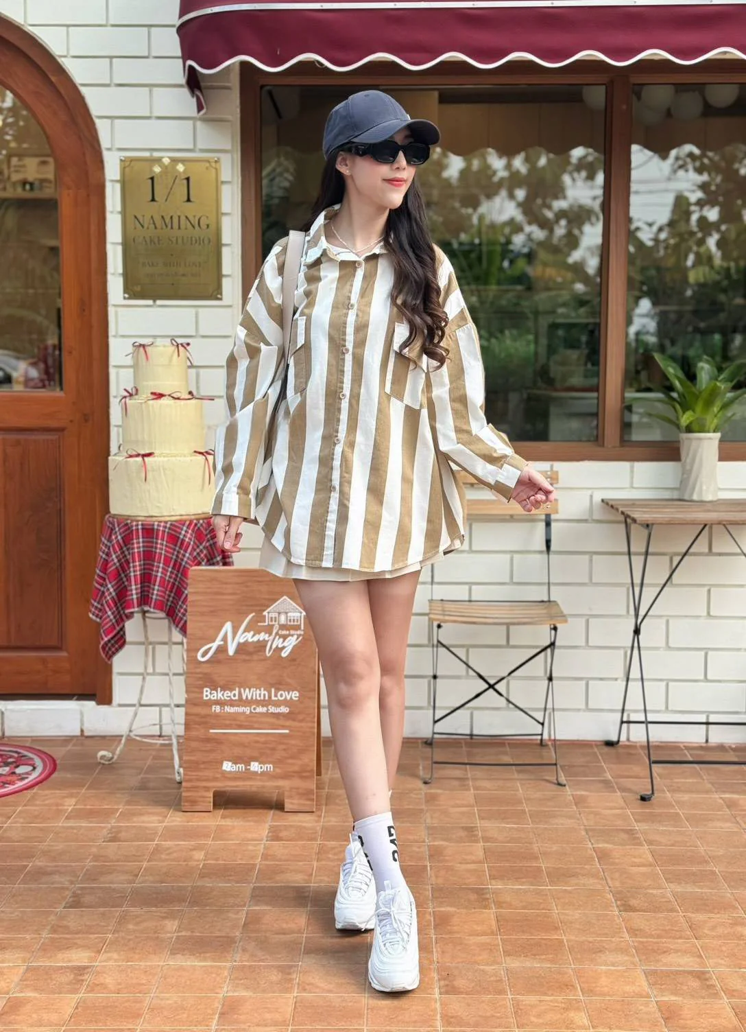 Khakhi-White Bold Striped Oversized Light Denim Shirt - Image 2