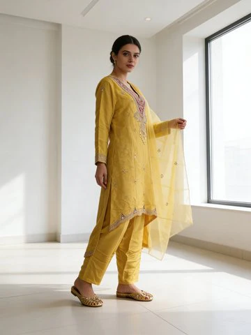 Amber Yellow Embellished Raw Silk Pant Set - Image 2