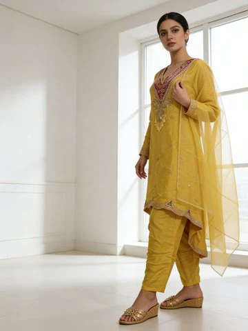 Amber Yellow Embellished Raw Silk Pant Set - Image 3