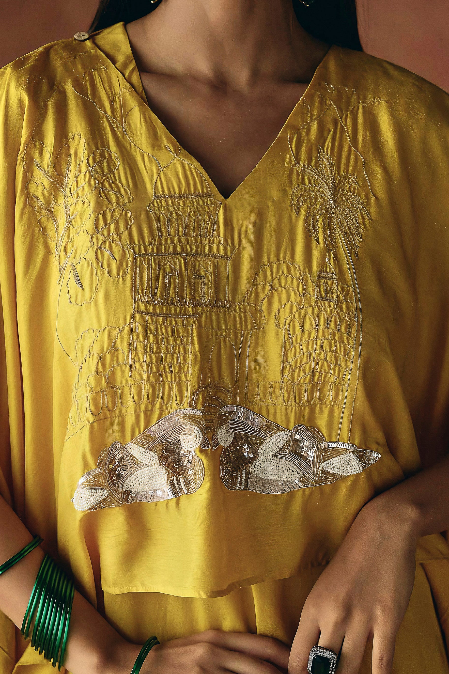 Yellow Embellished Raw Silk Cape Set - Image 2