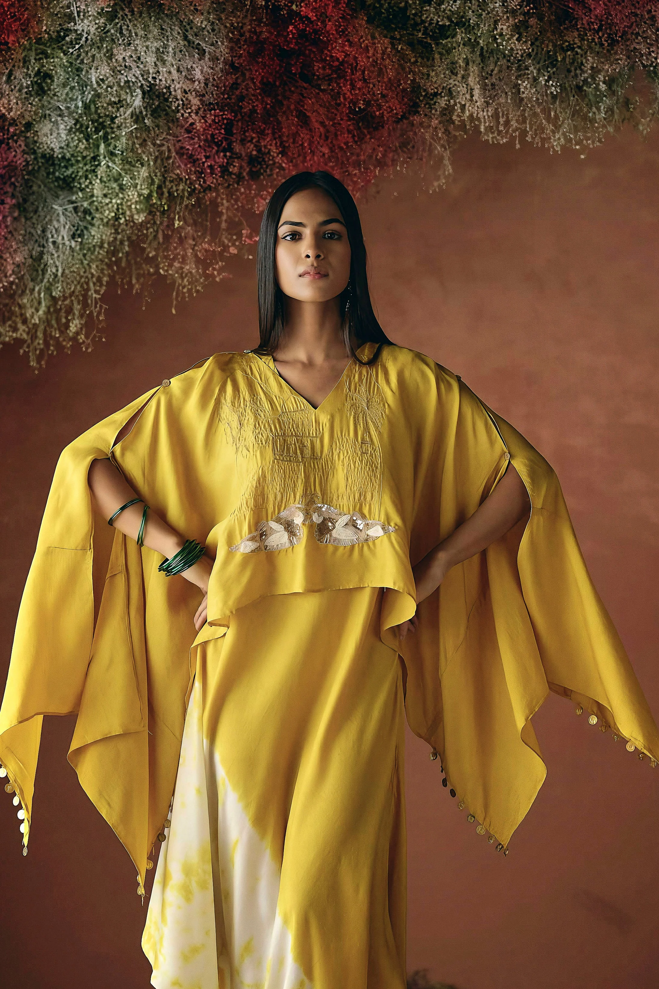 Yellow Embellished Raw Silk Cape Set - Image 3