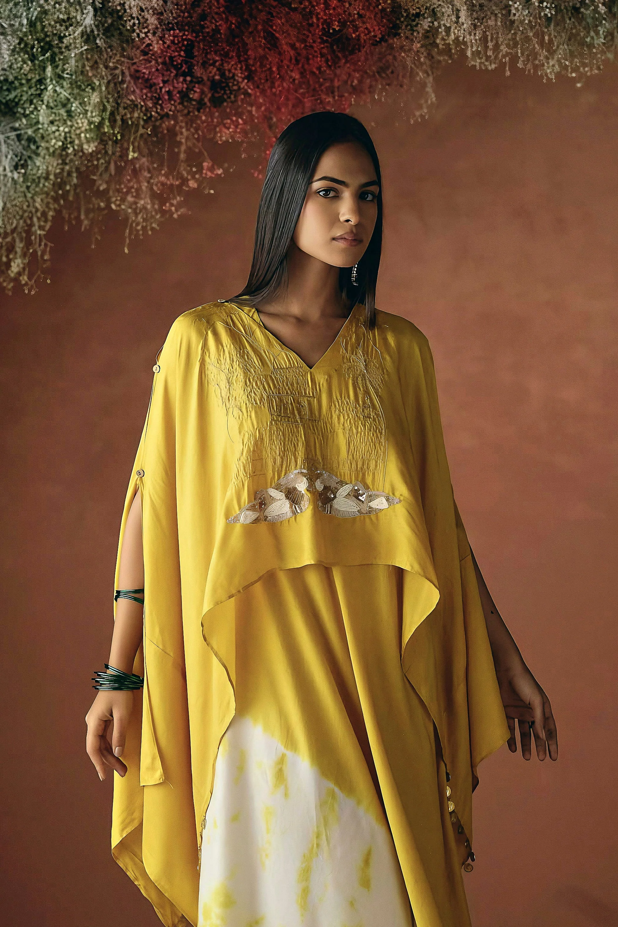 Yellow Embellished Raw Silk Cape Set - Image 4