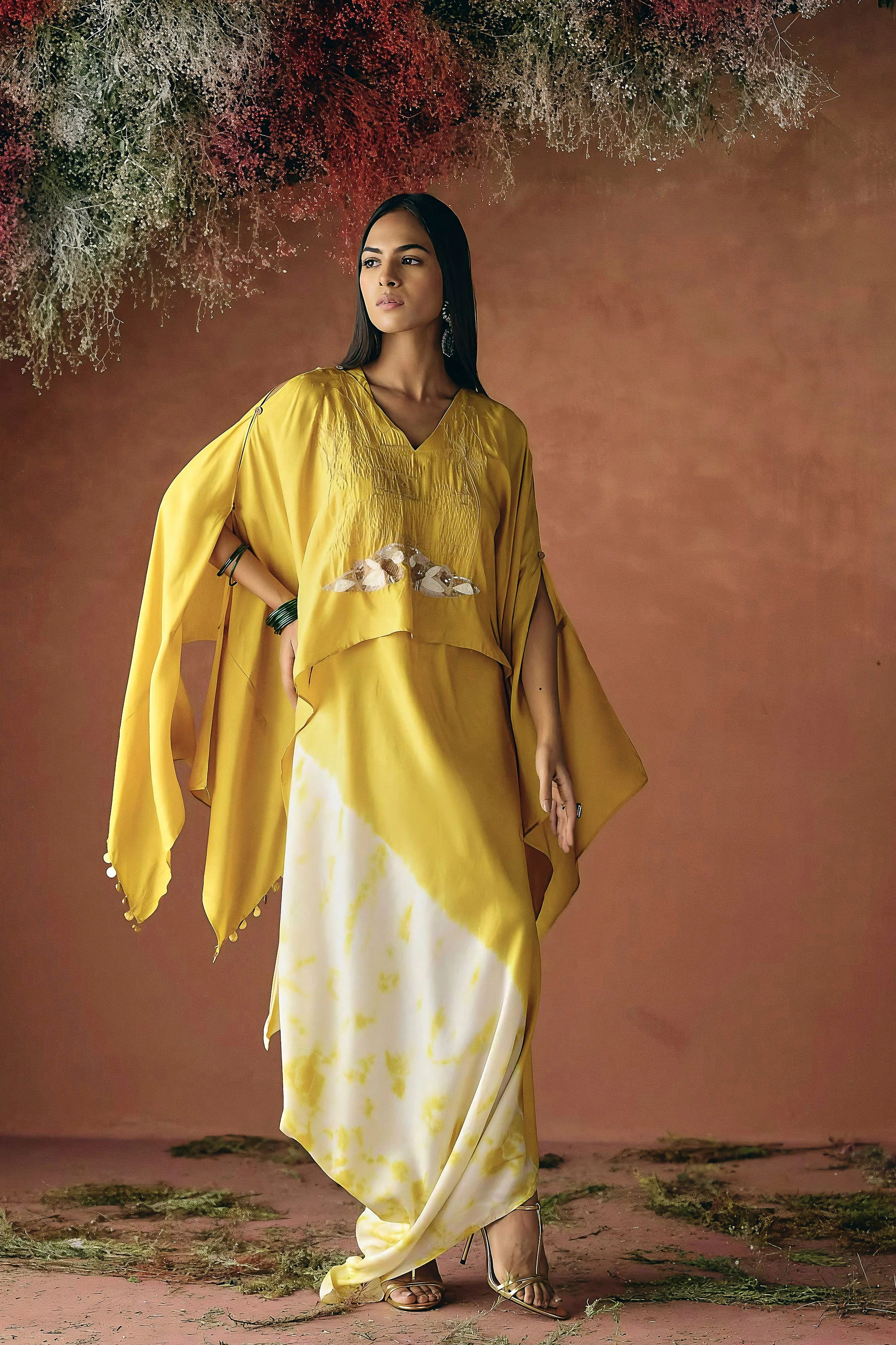 Yellow Embellished Raw Silk Cape Set - Image 5