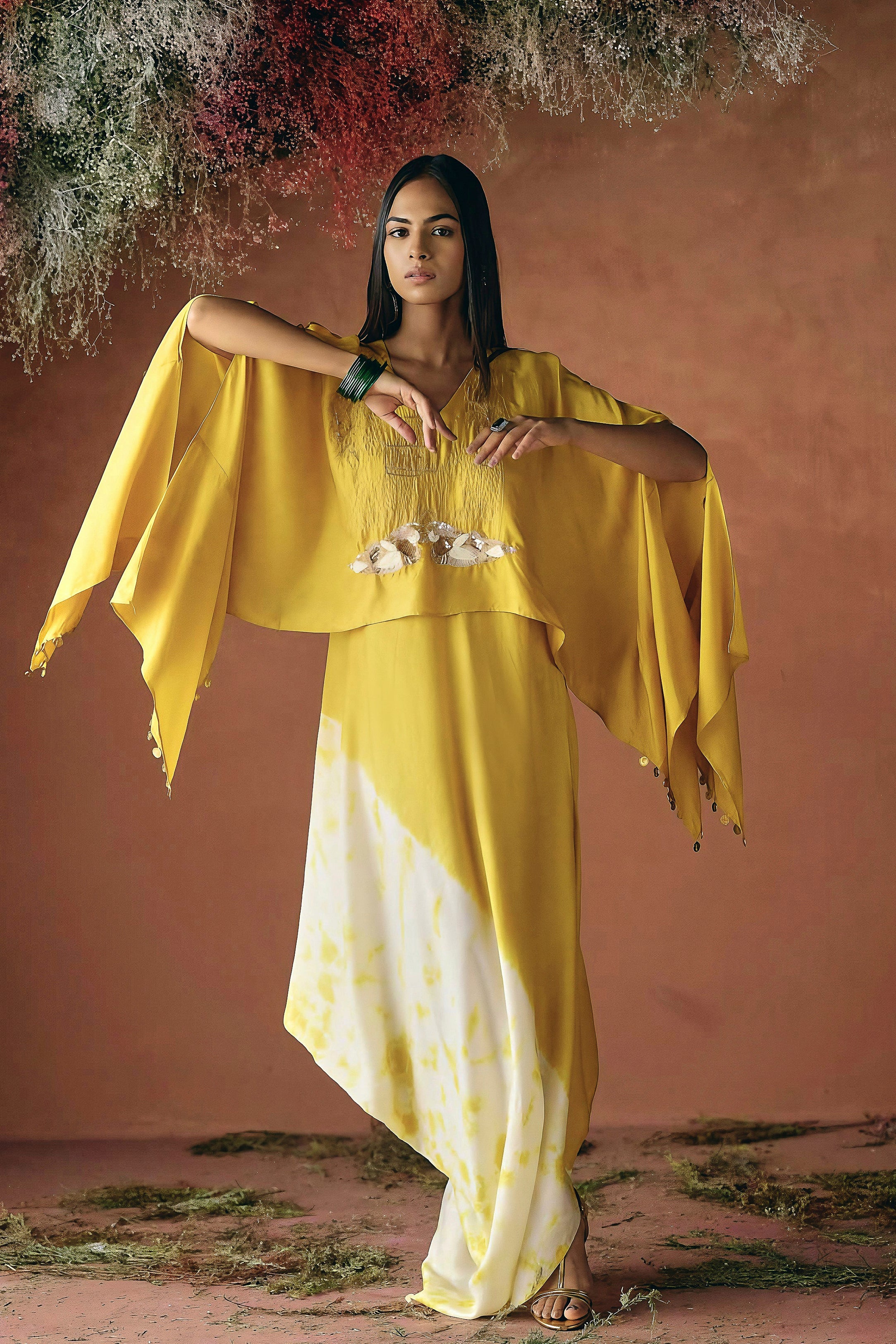 Yellow Embellished Raw Silk Cape Set - Image 6