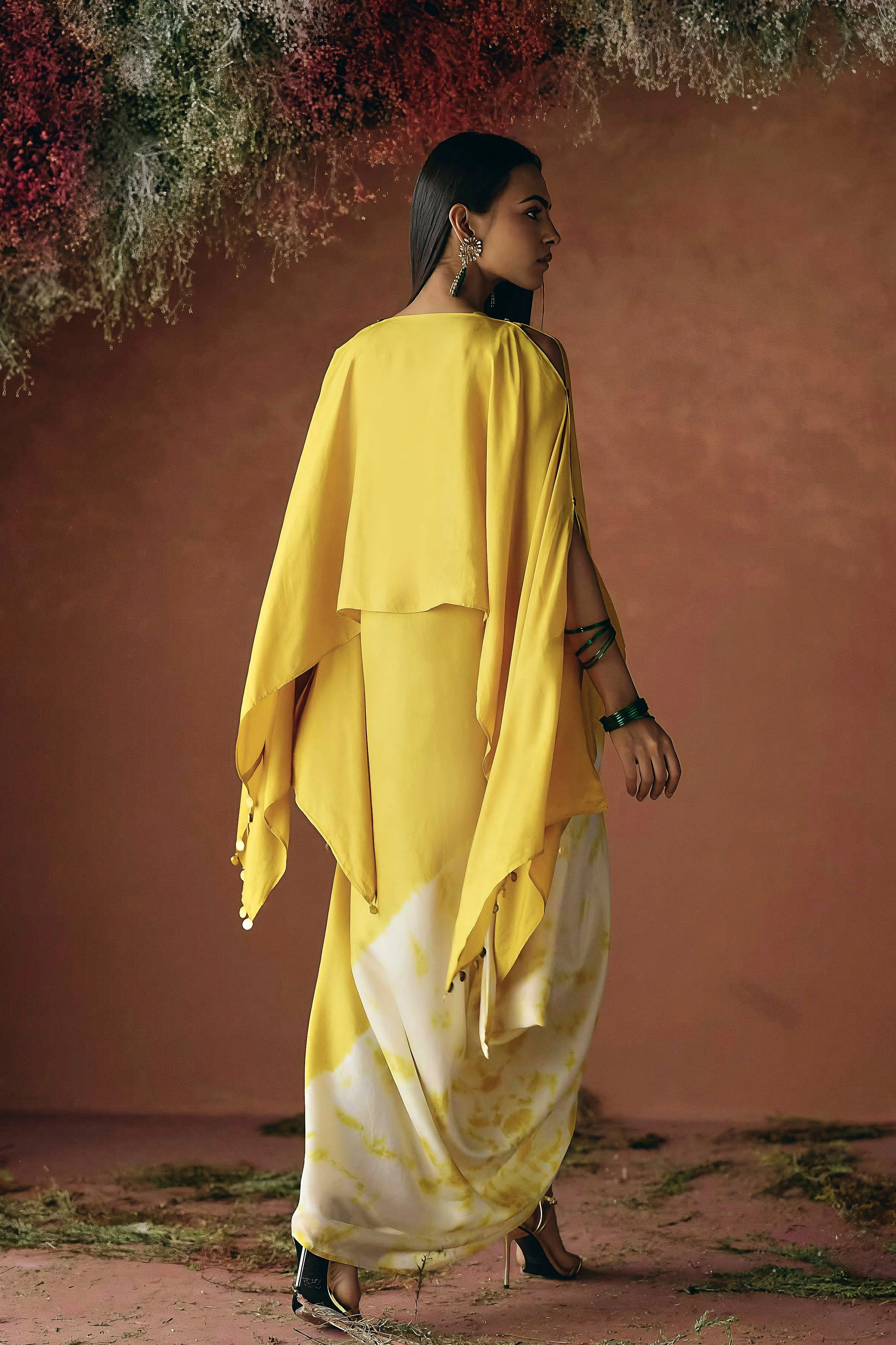 Yellow Embellished Raw Silk Cape Set - Image 7