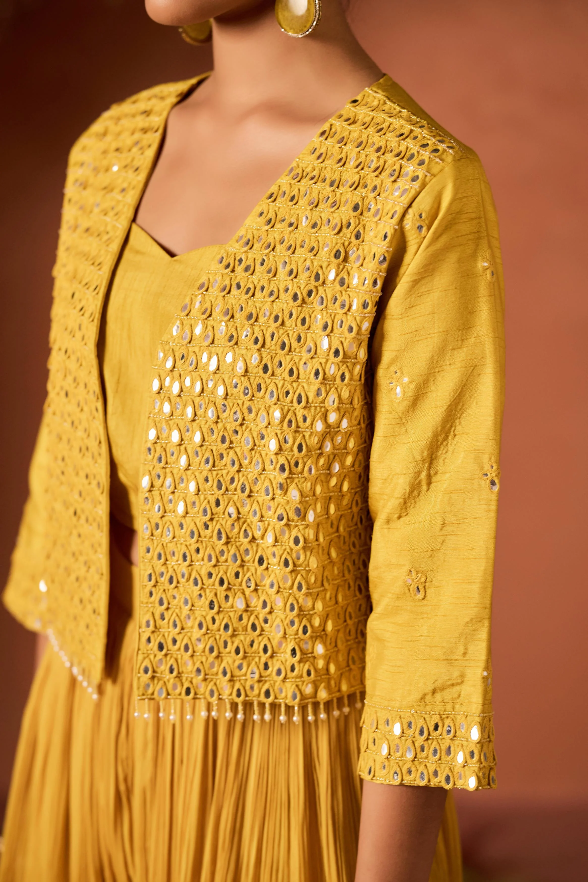 Mustard Yellow Embellished Raw Silk Palazzo Set - Image 2
