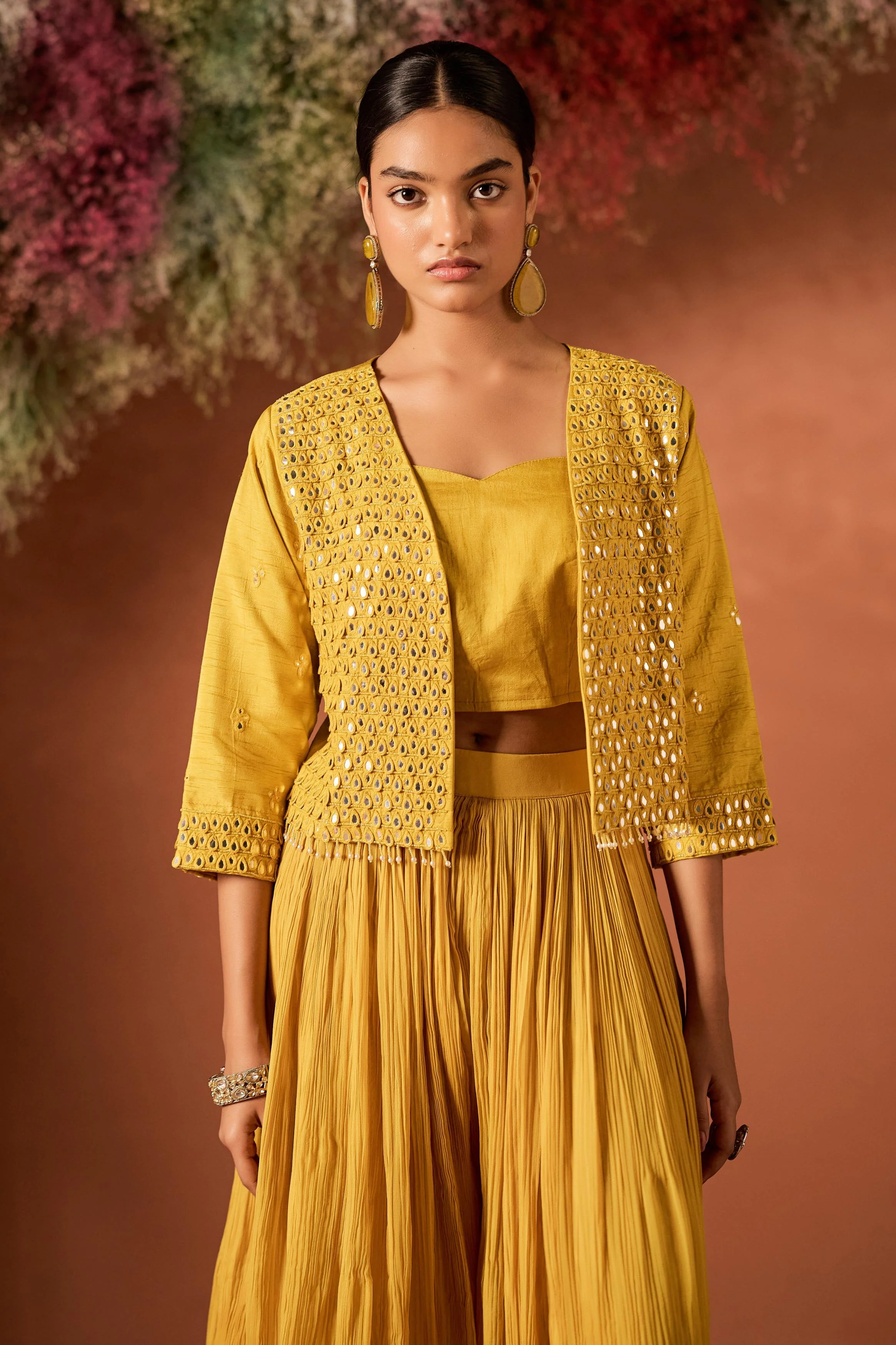 Mustard Yellow Embellished Raw Silk Palazzo Set - Image 3